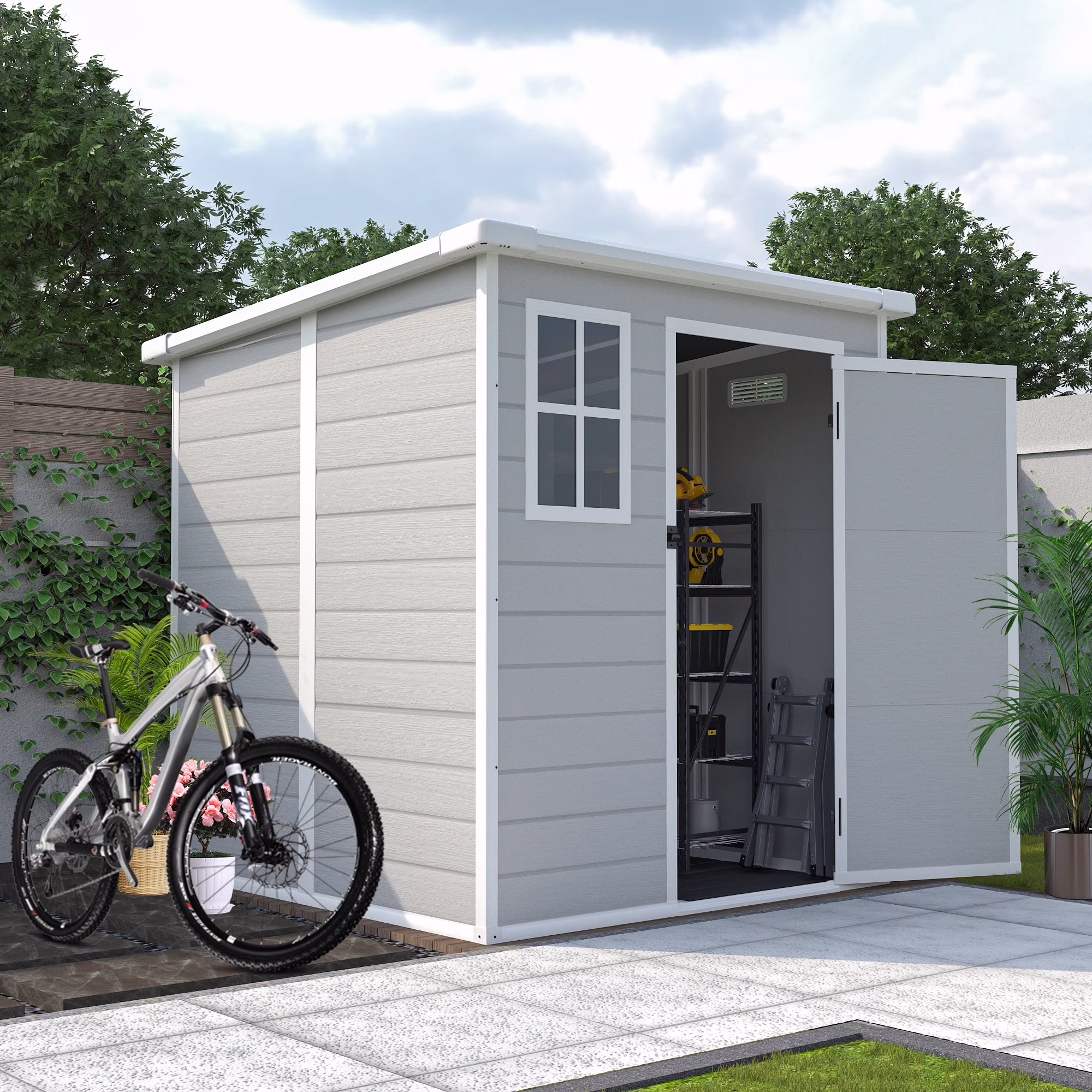 Seizeen Shed and Outdoor Storage, 41 Cu.Ft Small Outdoor Resin Shed with 3 Doors & Floor, 306GAL Deck Box Waterproof Plastic Tool Storage Shed for Cushion Lawn Mower Garbage Cans