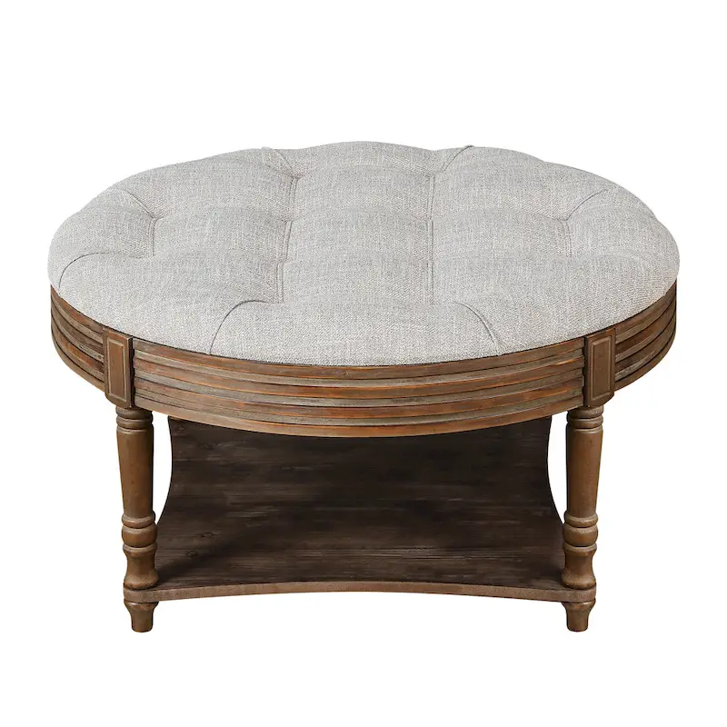 Round Storage Ottoman Coffee Table with Tufted Seat and Wooden Base
