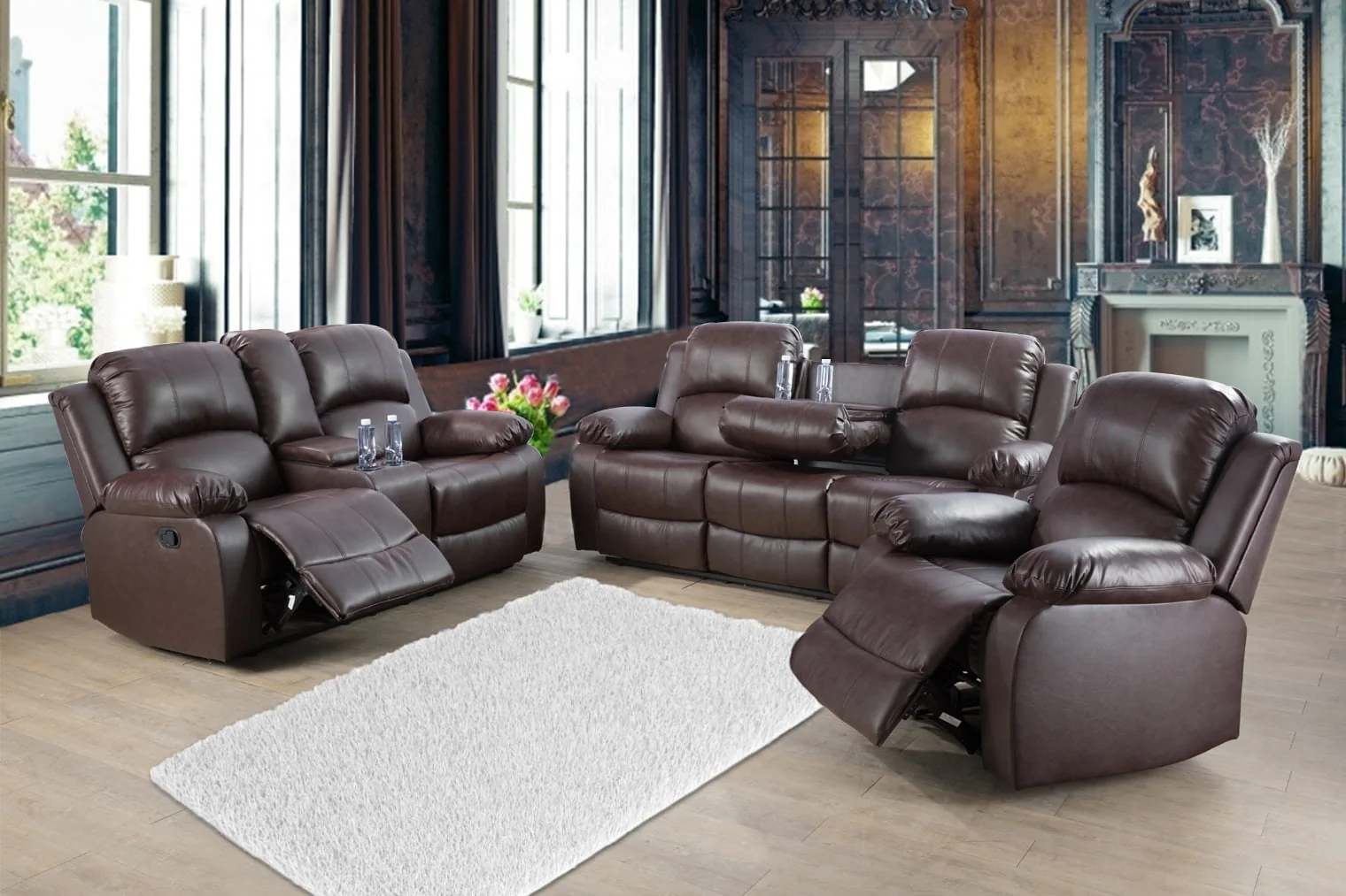 Reclining Sofa Loveseat Chair Set Living Room SET(Sofa/Black)