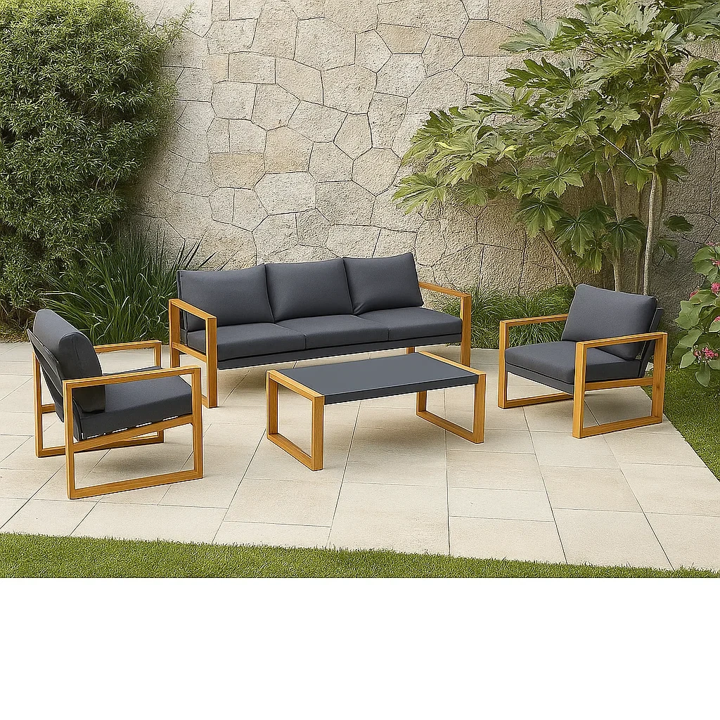 Conjunto de salón de jardín de madera con cojines grises,Sofá de 3 plazas, 2 sillones, 1 mesa de centro - TwNGnLR206tu