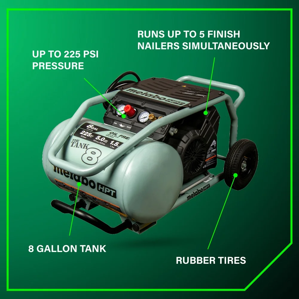Metabo HPT Air Compressor, THE TANK, 8-Gallon Trolley Air Compressor, 225 PSI, Versatile for Use with Framing, Siding, Finish, or Roofing Nailers, Easy Mobility with Rubber Tires, EC1315S - Image 3