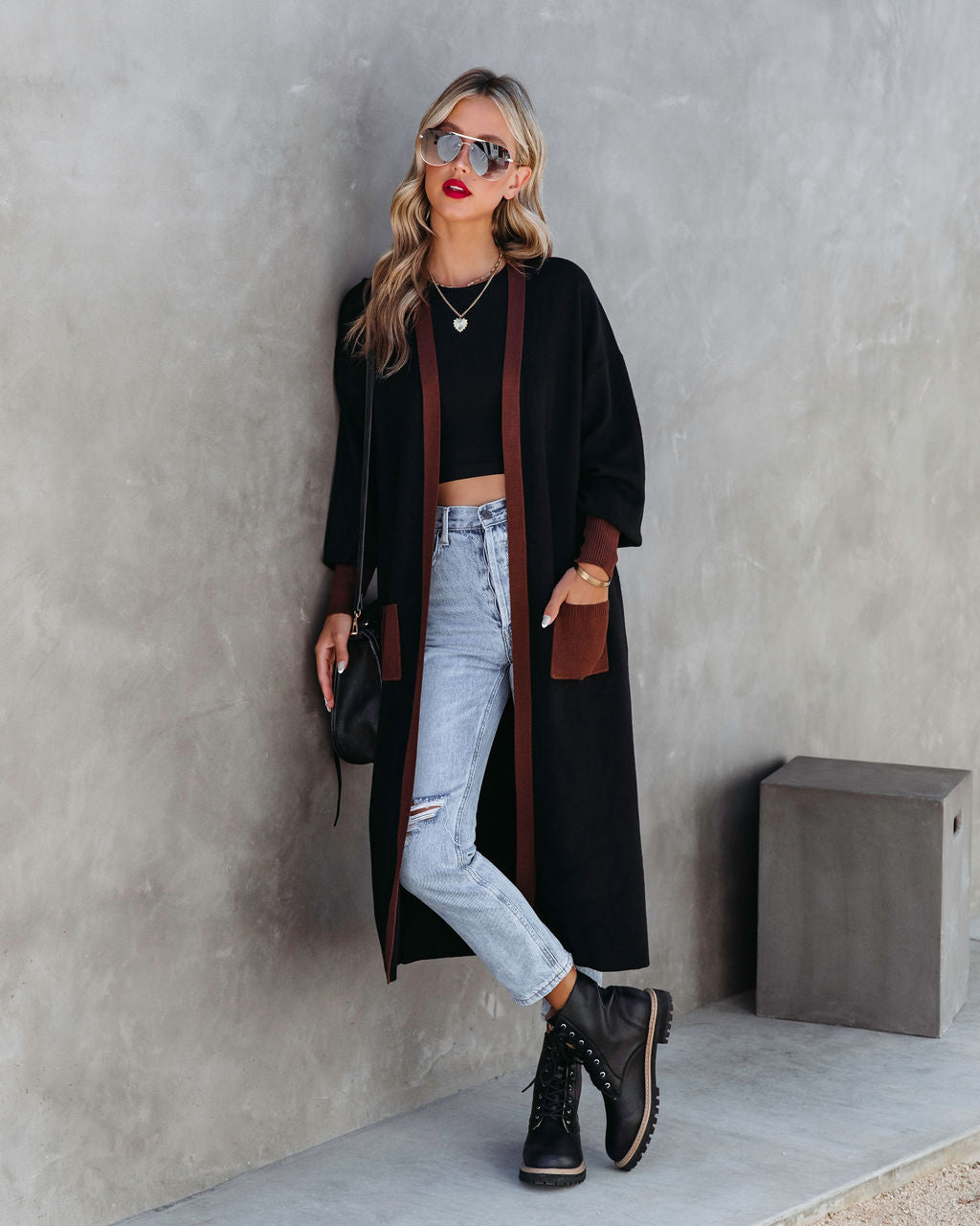 Weekend Errands Pocketed Duster Cardigan - Black - Se7enfashion