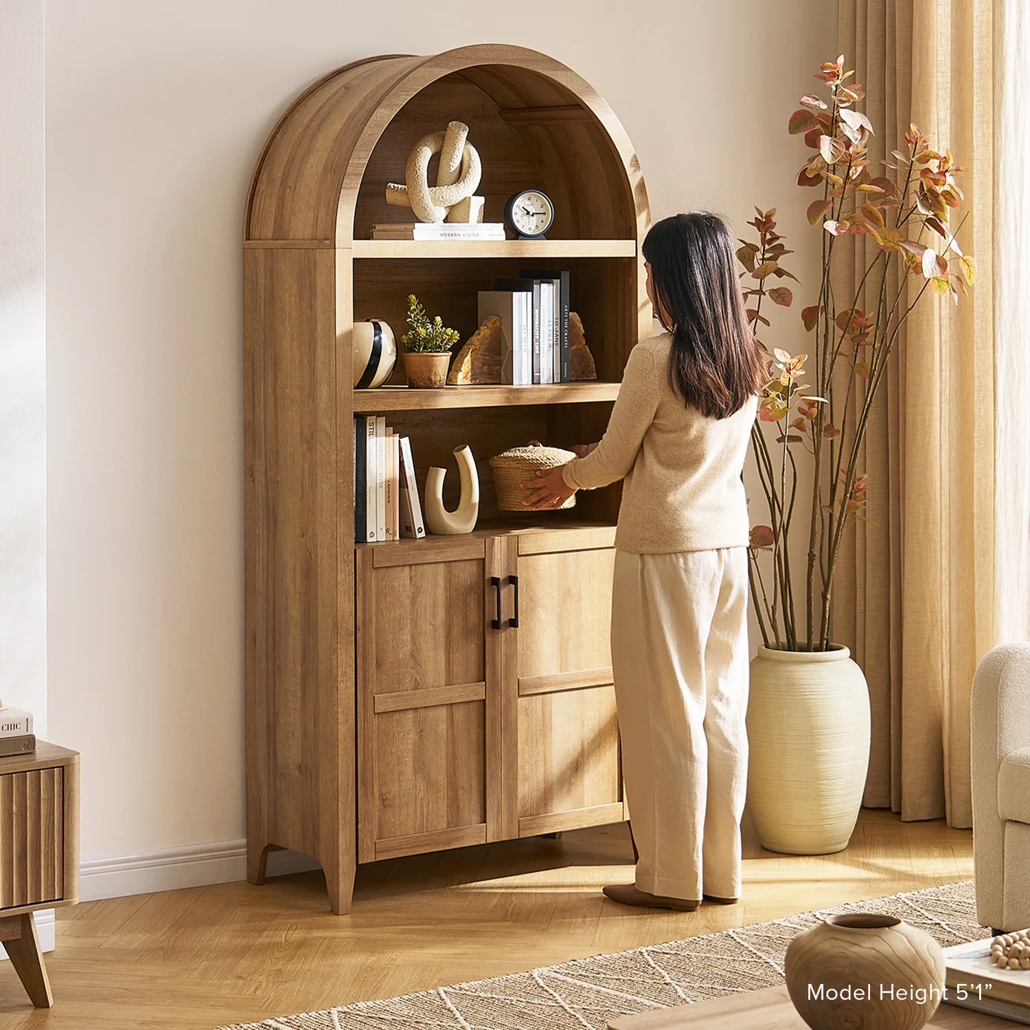 mopio Lauren 65.4" Arched Cabinet, 5-Tier Arched Bookcase with Doors and Shelves, Arched Bookshelf with Storage, Kitchen Pantry Cabinet, Wooden Storage Cabinet for Living Room, Kitchen (Oak) - Image 27