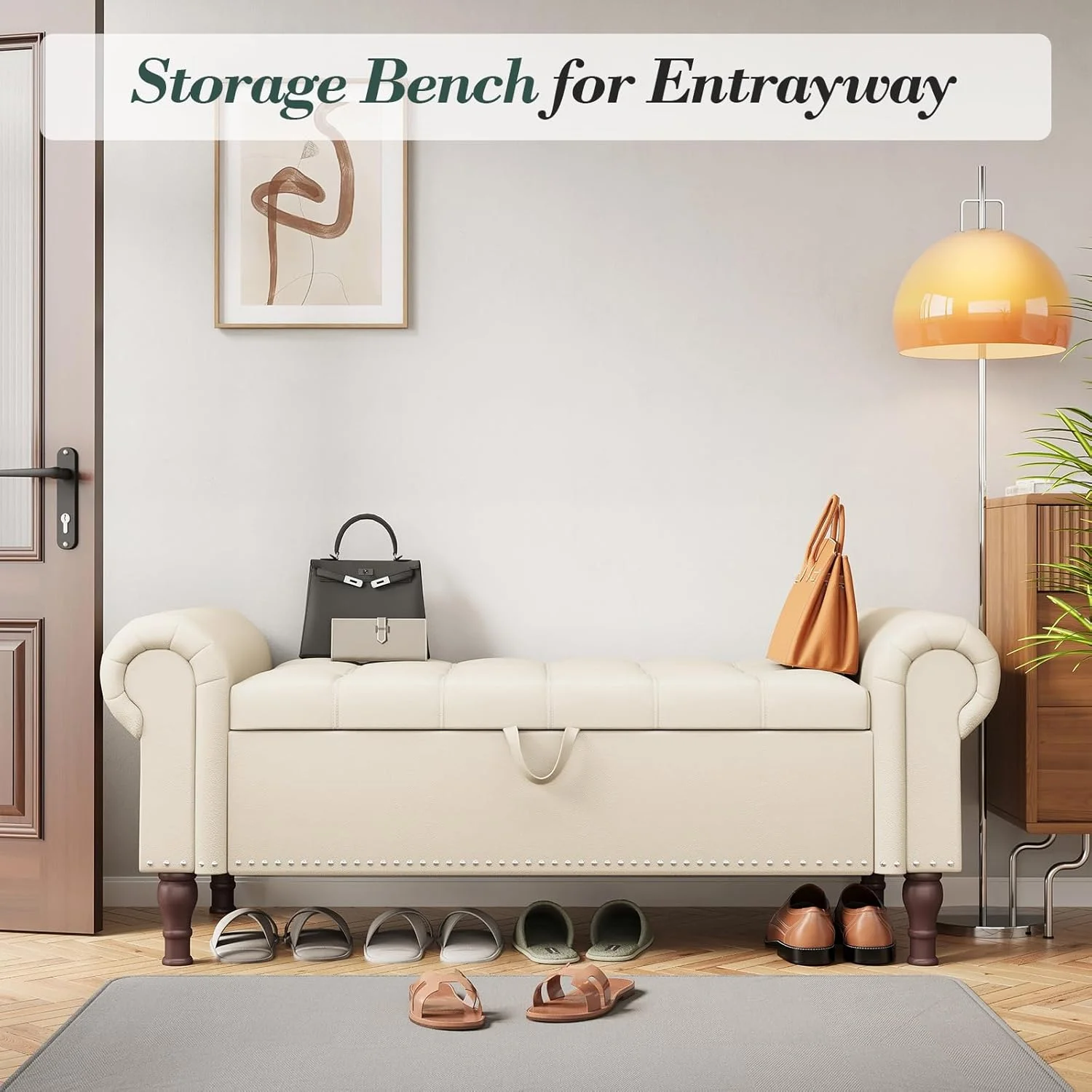 YOUDENOVA Storage Ottoman Bench for Bedroom 51" Queen Leather Storage Bench with Button, Upholstered Bedroom Bench with Rolled Arms for Living Room, Storage Room, Entryway, Gray - Image 17