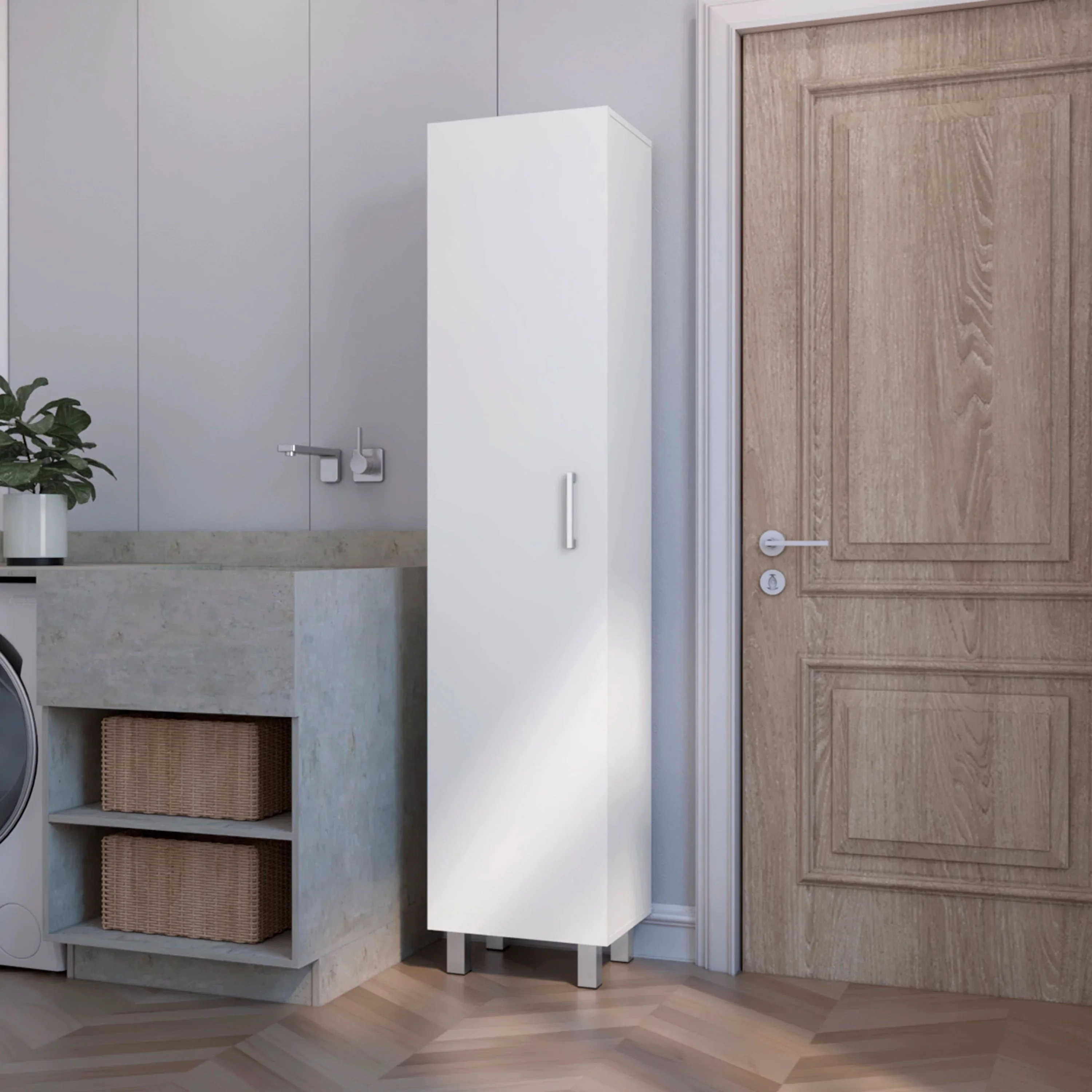 FM FURNITURE Clarno Tall Storage Cabinet, Single Door with Broom Hangers ,White - Image 5