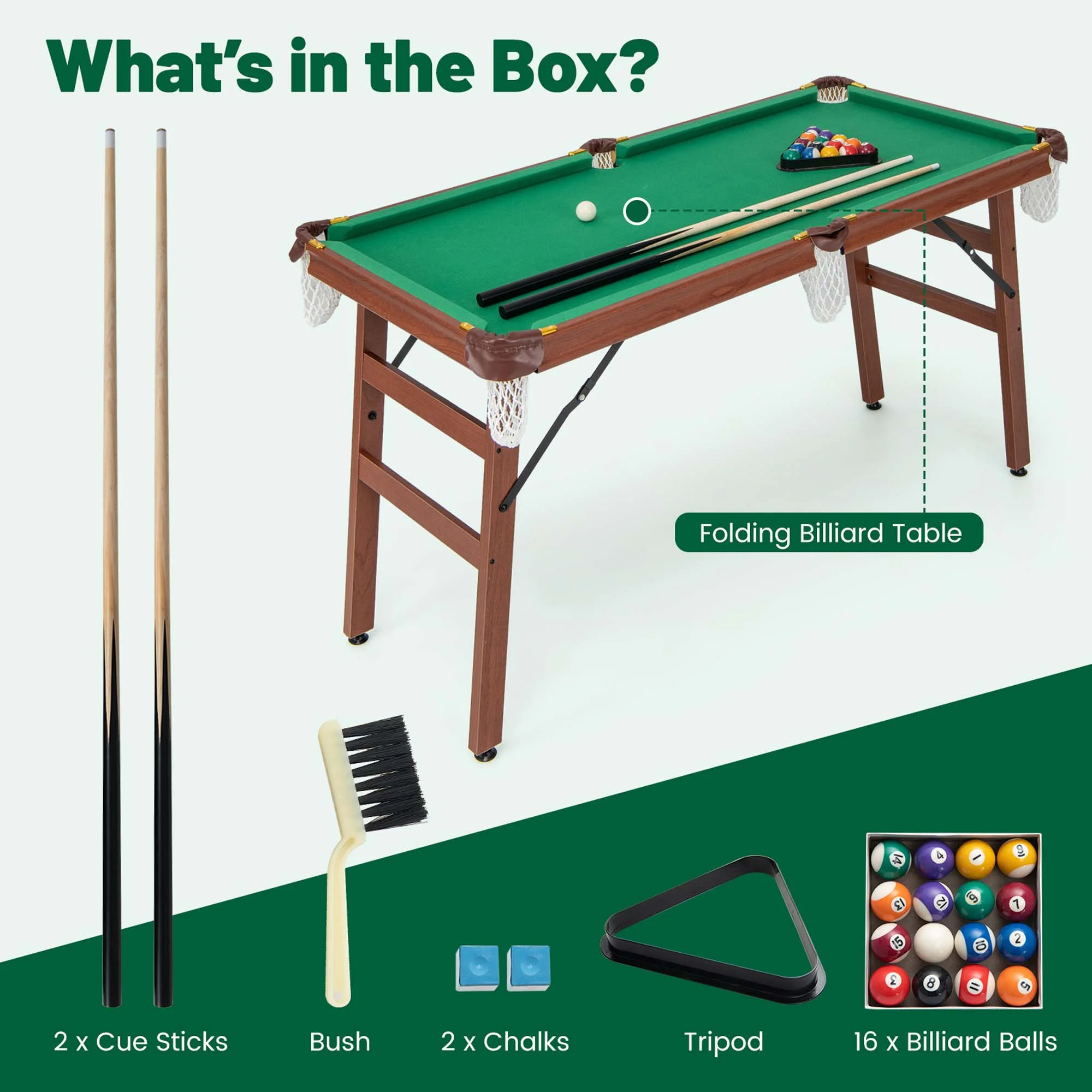 Costway Folding Pool Table Set with Foldable Legs Adjustable Foot Levelers 2 Cues 2 Chalks - Image 2