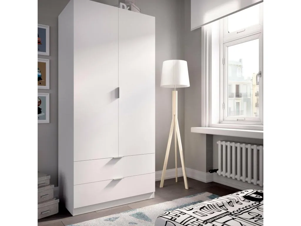 Armario Quietena - Perchero para dormitorio - Armario con 2 puertas batientes y 2 cajones - 81x52h184 cm - Blanco