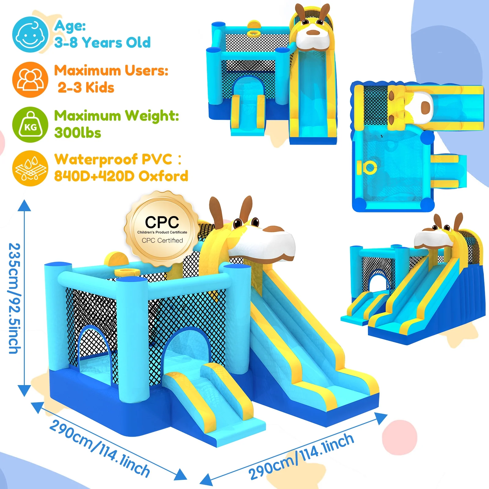 Mukidy 114''x 114'' x 92.5'' Inflatable Bounce Houses for Kids 3-10 with Blower Double Slide and Ball Pit/Indoor Bouncy House, PVC, Child, Teen, Toddler,Blue - Image 4