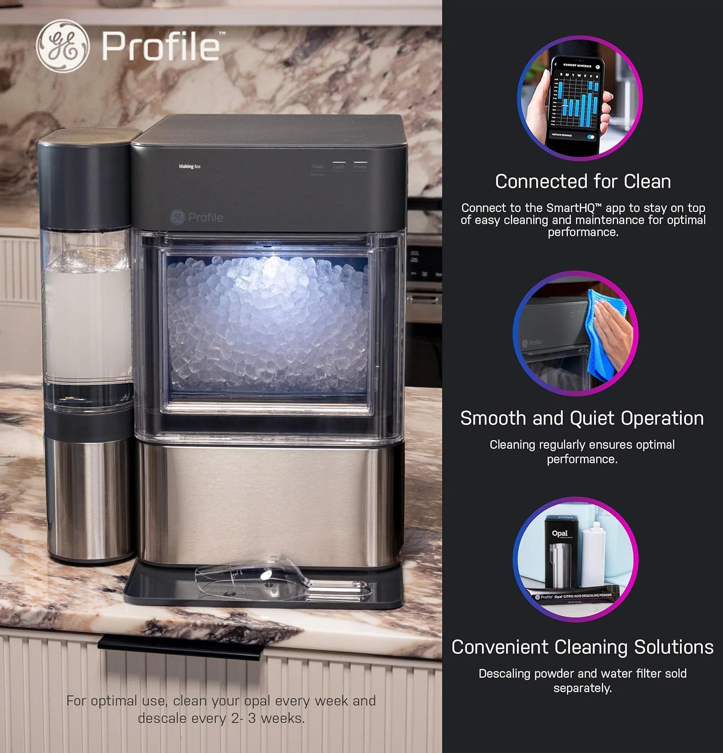 GE Profile Opal 2.0 XL with 1 Gallon Tank, Chewable Crunchable Countertop Nugget Ice Maker, Scoop included, 38 lbs in 24 hours, Pellet Ice Machine with WiFi & Smart Connected, Stainless Steel