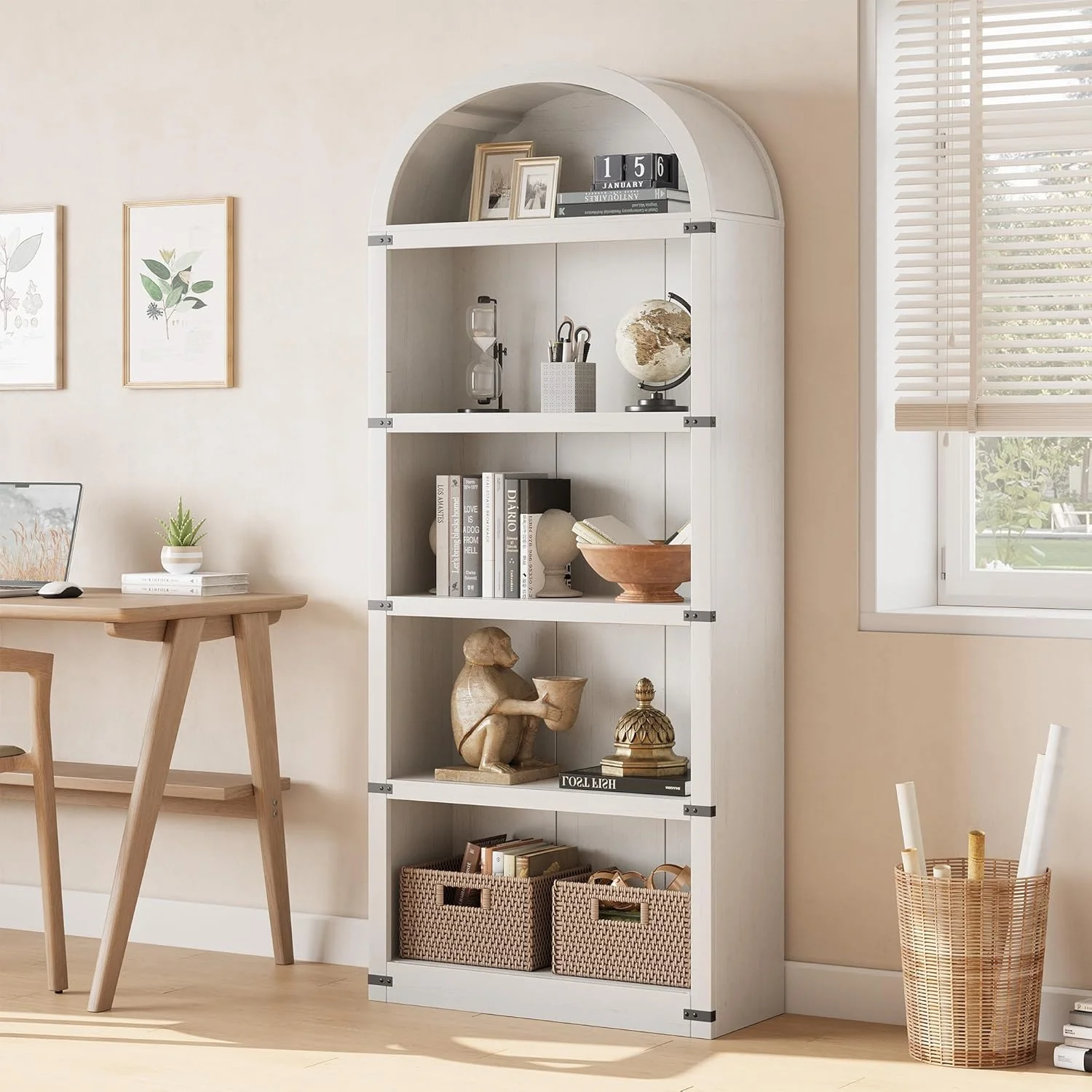 Bookcase 5 Shelf Arched Bookshelf 71.65in Tall Bookcase Farmhouse Display Storage Rack Wooden Bookshelves for Home Office, Living Room(white) - Image 6