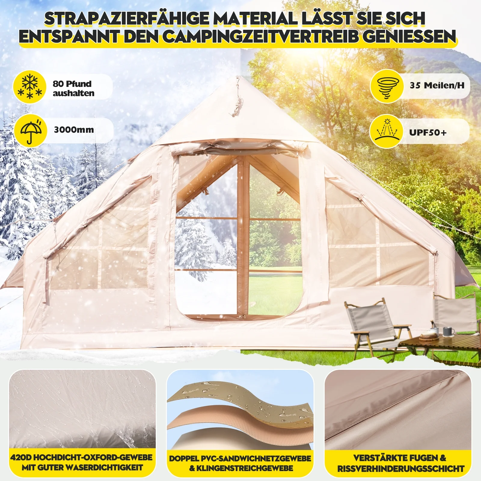 Gaonala 4-6 Person Inflatable Camping Tent with Pump Quick Setup 4-Season Family Tent Waterproof Windproof 420D Oxford Fabric - Image 11