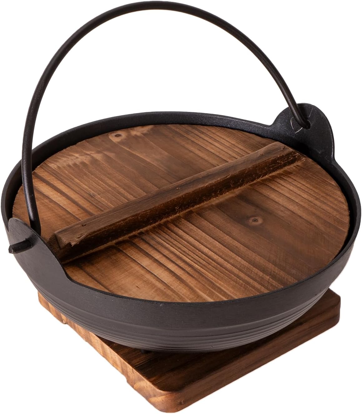 Urban Tokyo Sukiyaki Tetsu Nabe Pot with Wooden Lid and Tray Japanese Style Nabemono Hot Pot Hiking Stove Pan Stockpot Wok for Outdoor Aluminum Alloy