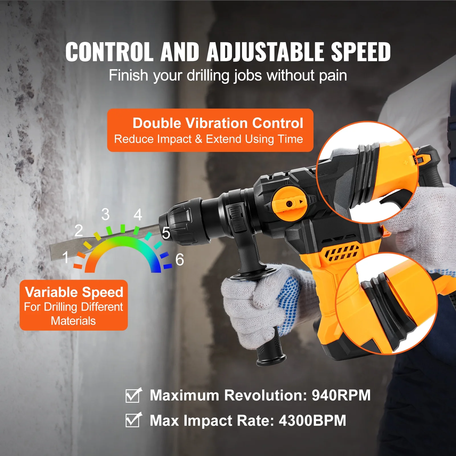 VEVOR 1-1/4inch SDS-Plus Rotary Hammer Drill, 13 Amp Corded Drills, Heavy Duty Chipping Hammers w/Vibration Control & Safety Clutch, Electric Demolition Hammers Variable Speed, Power Tool For Concrete - Image 5