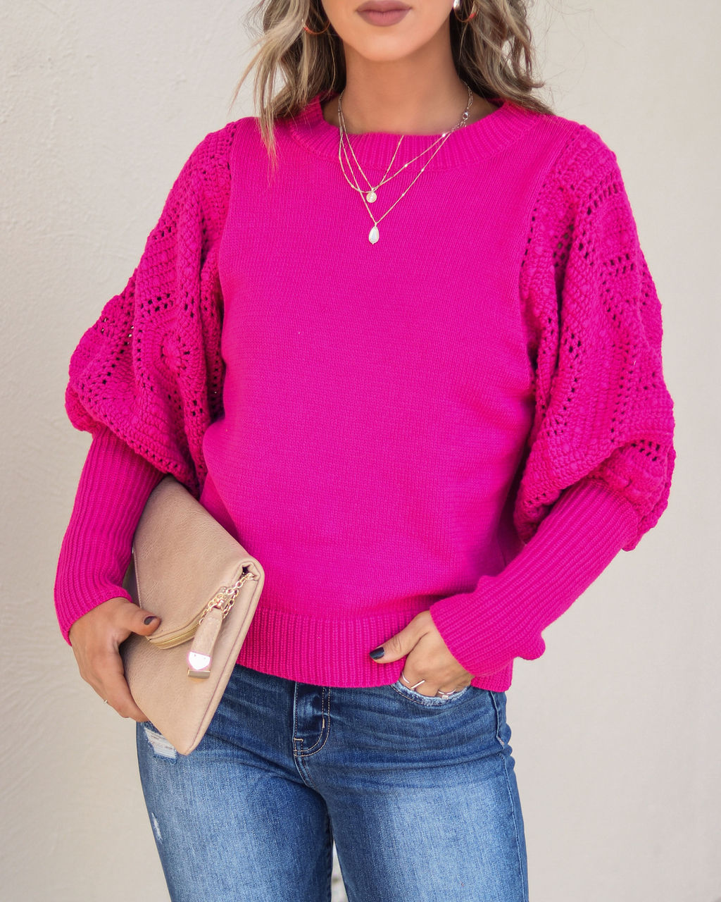 Naveen Cotton Blend Crochet Sleeve Sweater - Berry - SALE - Se7enfashion