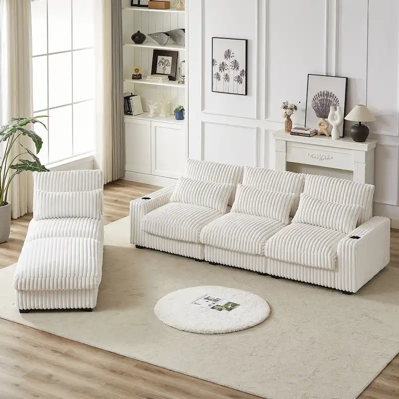 126W Large L-Shaped Corduroy Sofa with USB Charging Port
