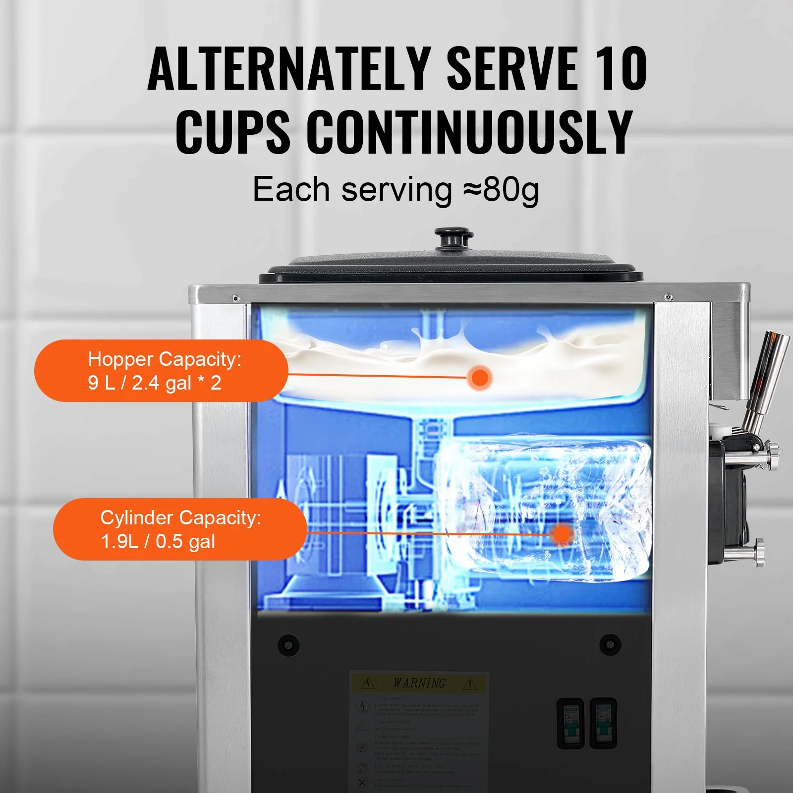 KFFKFF Soft Serve Ice Cream Machine for Commercial Use, 34-44 L/H Production, 3400W, Triple Flavor, Freestanding Design, Dual 9L Stainless Hoppers, LED Control for Single Cylinder - Image 6