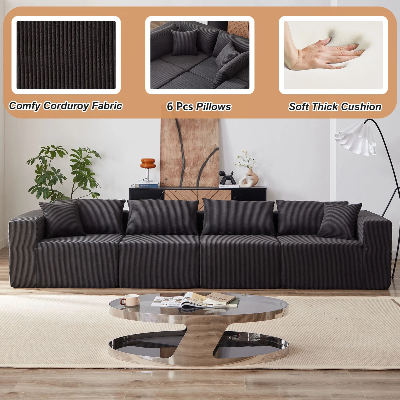 104-Inch Corduroy Modular L Shaped Sectional Sofa,Luxury Floor Couch Set,Upholstered Indoor Furniture,Foam-Filled Compressed Sofa for Living Room,Bedroom,4 PC Free Combination ? - Image 14