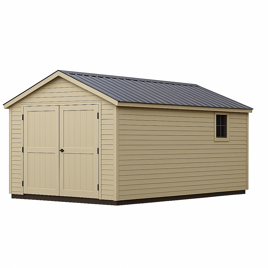 Garaje de madera, almacenamiento exterior con puertas dobles, beige claro