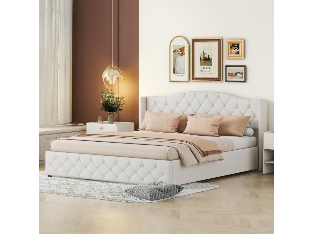Cama contenedor tapizada 180 x 200 cm - plataforma de lino Sistema de elevación hidráulica debajo del áHogvipsde almacenamiento, soporte de listones de madera con cabecera - Gris