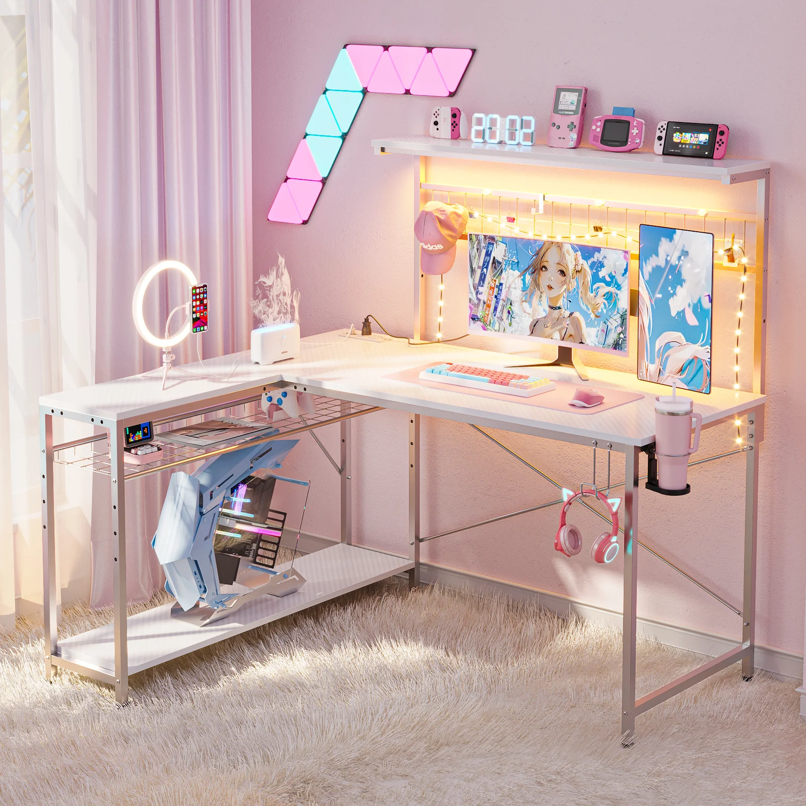 Bestier 51 L Shaped Gaming Desk with Power Outlets & LED Light, Computer Desk with 4 Tiers Shelves for Home Office, Reversible Gamer Table with Hooks and Cup Holder, Carbon Fiber - Image 14