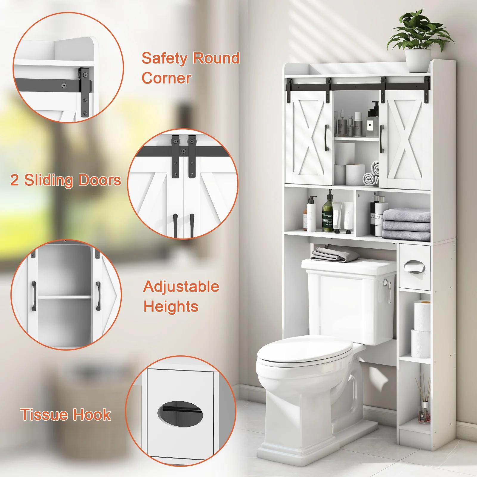 Over The Toilet Storage Cabinet, Farmhouse Storage Cabinet Over Toilet with Sliding Doors-Home Space-Saving Toilet Rack, for Bathroom, Restroom, Laundry - Image 8
