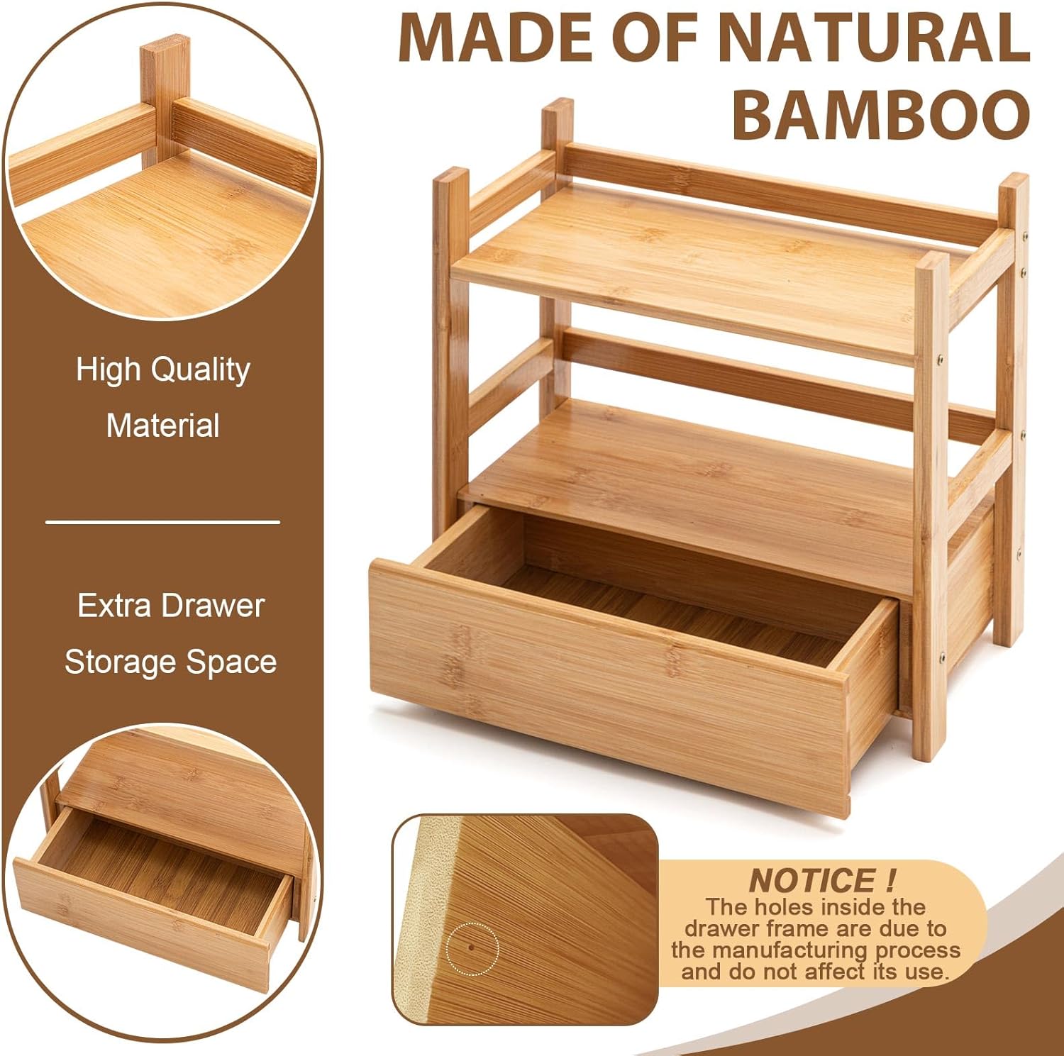 Chunful 2 Tier Matcha Station Bamboo Organizer with Hidden Drawer, Wood Home Coffee Station Organizer for Kitchen Countertops, Coffee Bars, Kitchen & Office Storage(13 L x 6.5 W x 12.6 H)(Natural)