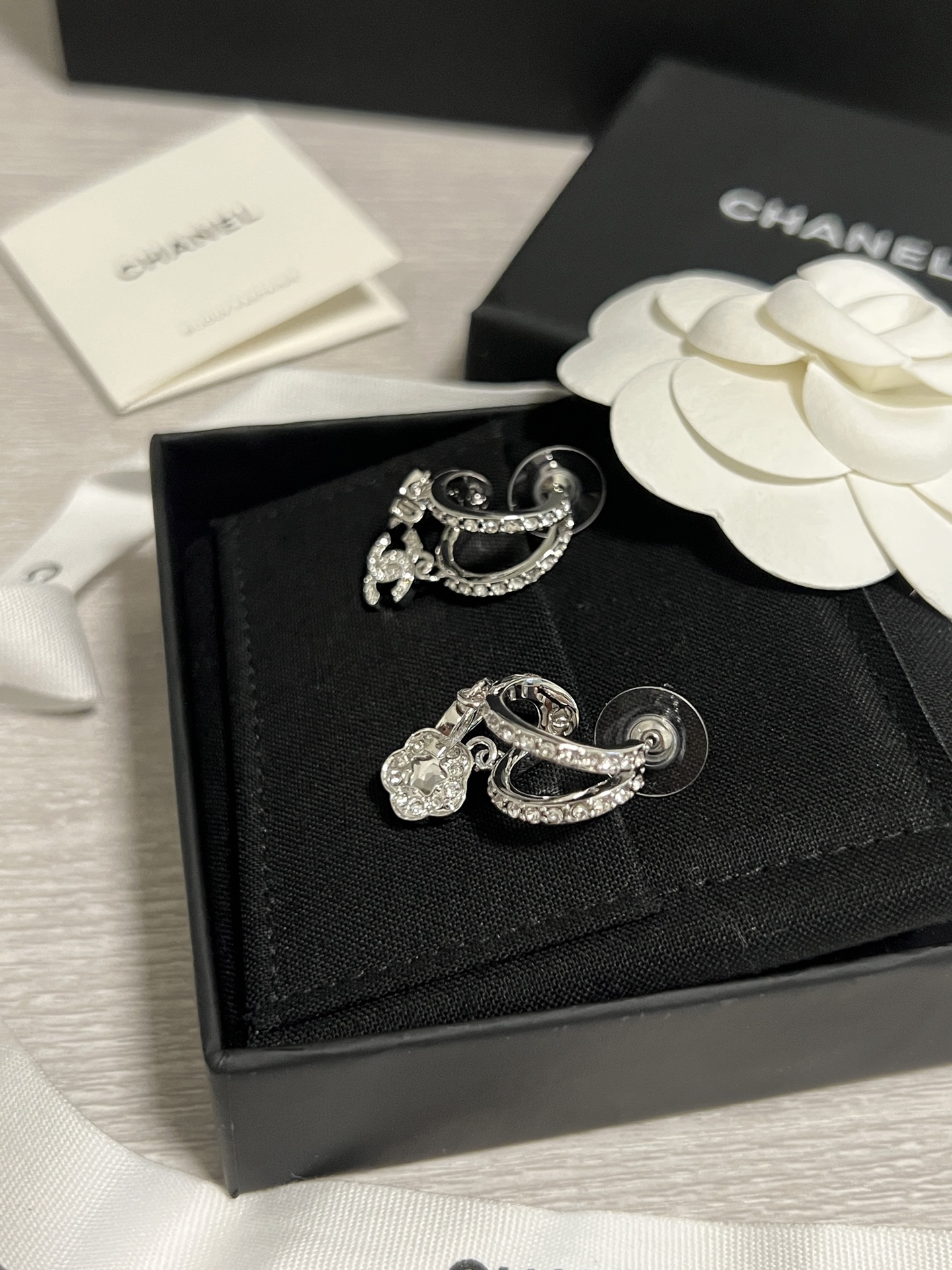 Chanel Asymmetric Silver Earrings with Rhinestone Perfume Bottle Camellia CC Dangle - Original Replica Club