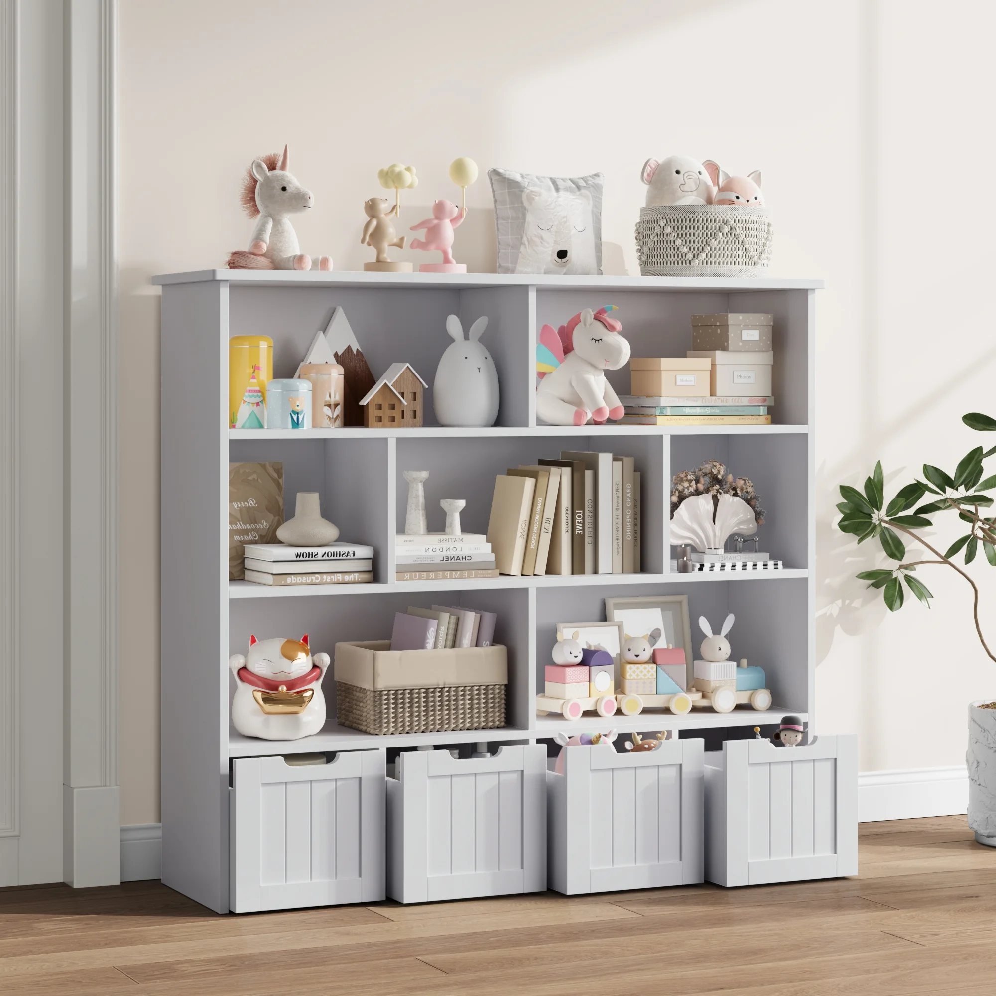Homfa 7 Cube Toy Storage Organizer, Kids Geometric Bookcase and Bookshelf with 4 Drawers, White - Image 15