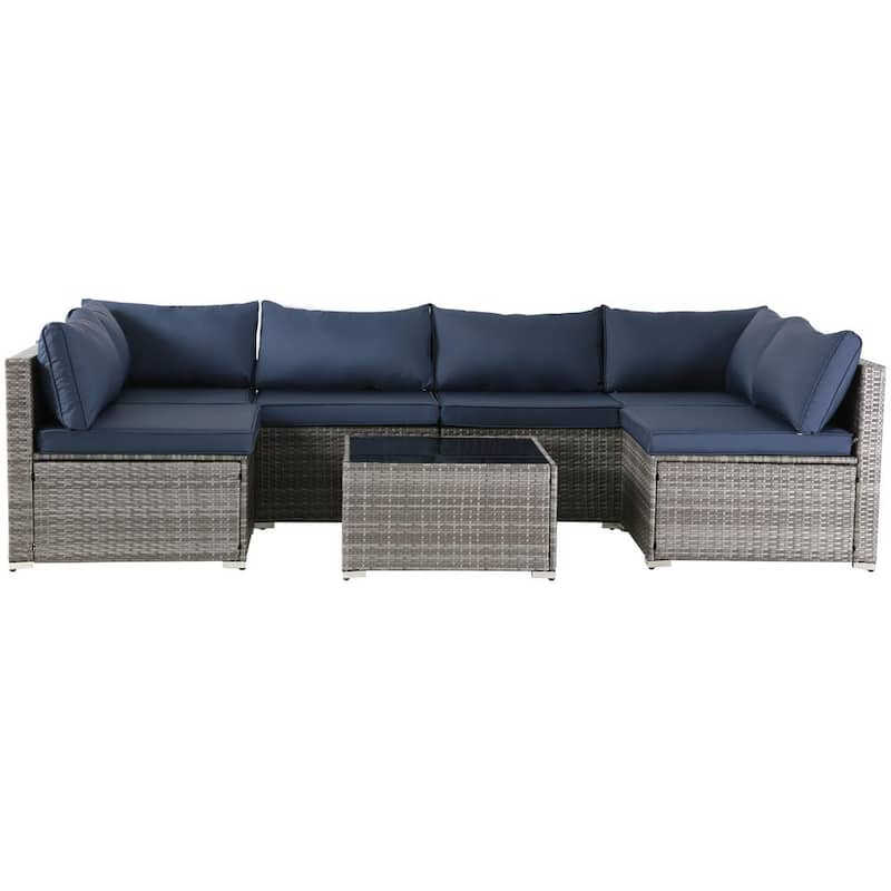 Conjunto de sofá seccional exterior de ratán gris de 7 piezas con cojines azul marino y 1 mesa de café PINPAI om0091472