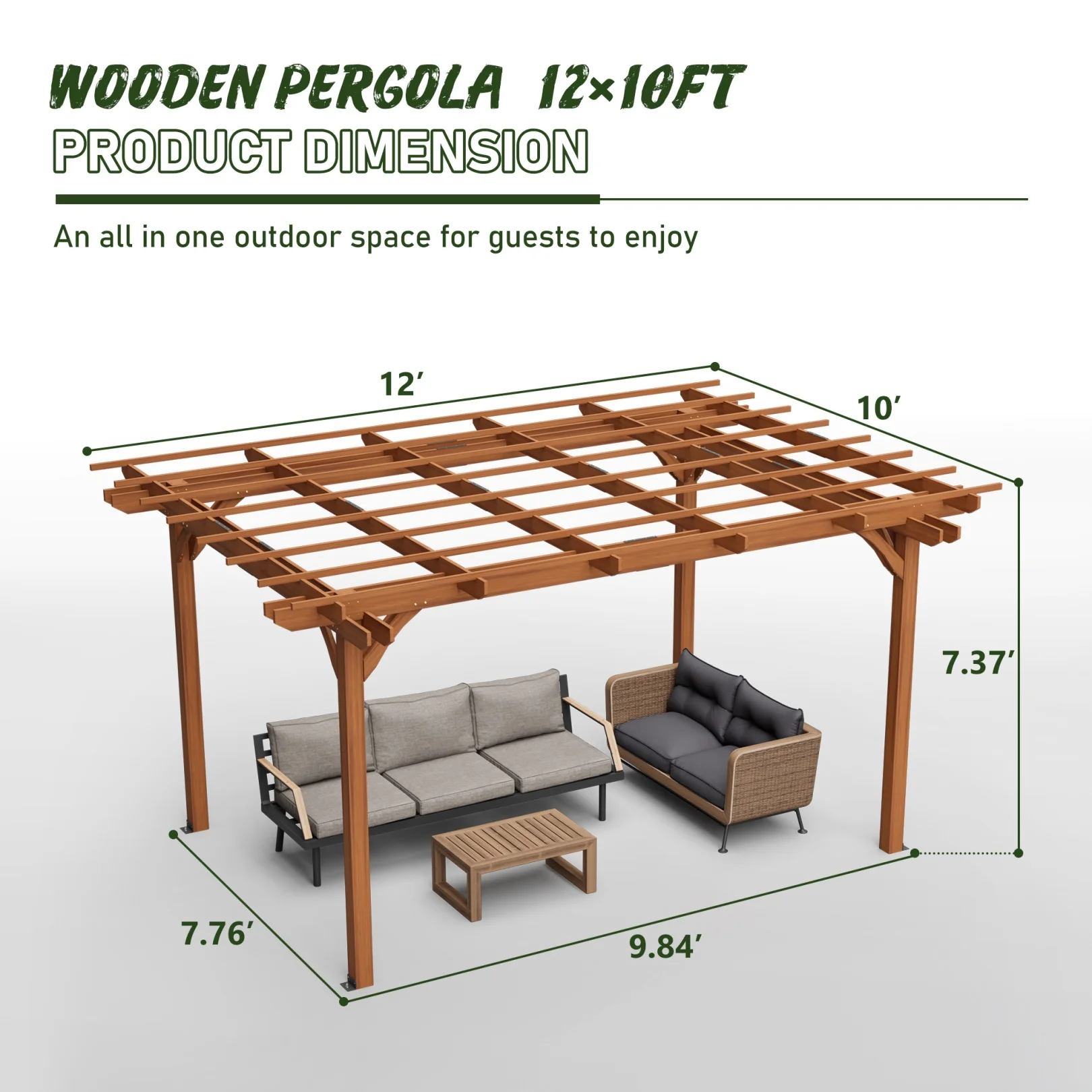 12 x 10 FT Outdoor Pergola, Wooden Pergola Gazebo with Climbing Plant Support and Waterproof, for Patio Porch Garden Backyard, Brown - Image 2