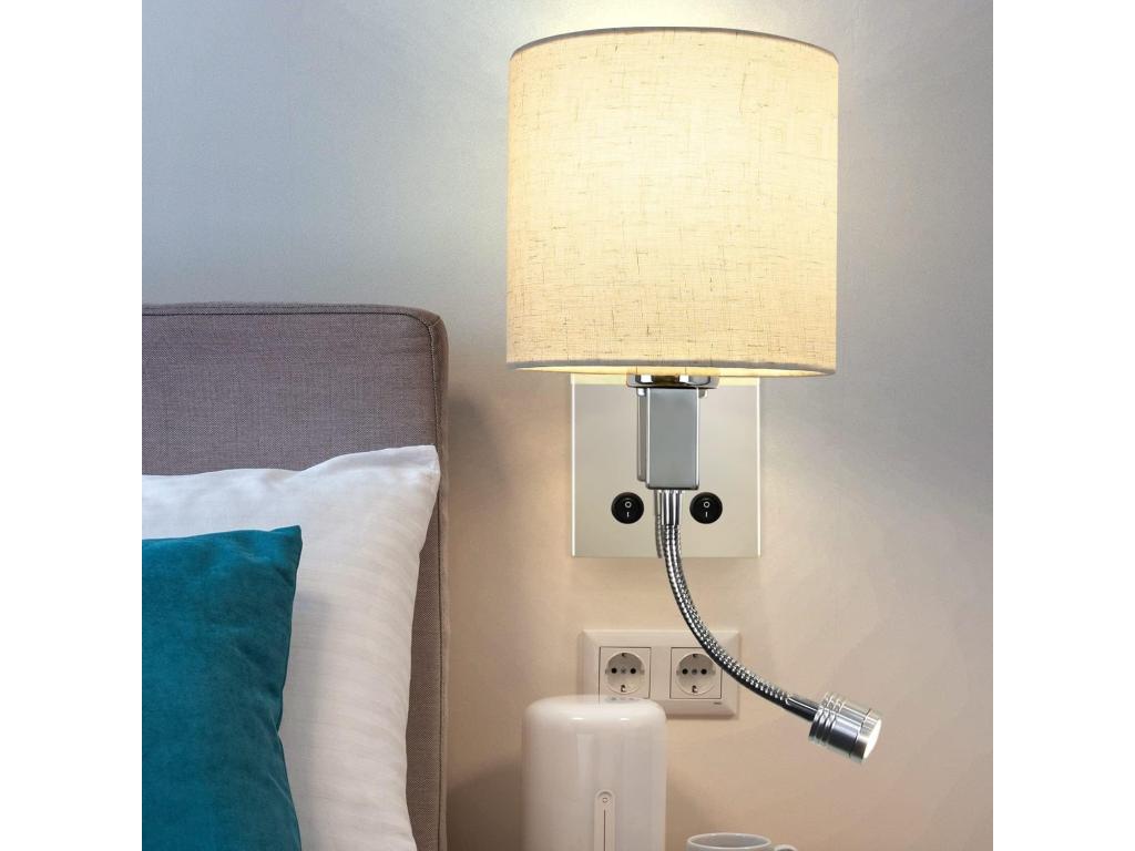 hogardiseno. Aplicación LED con interruptor, aplicación mural interior, lámpara de lectura, pantalla antiglare de tejido, lámpara de cama orientable.
