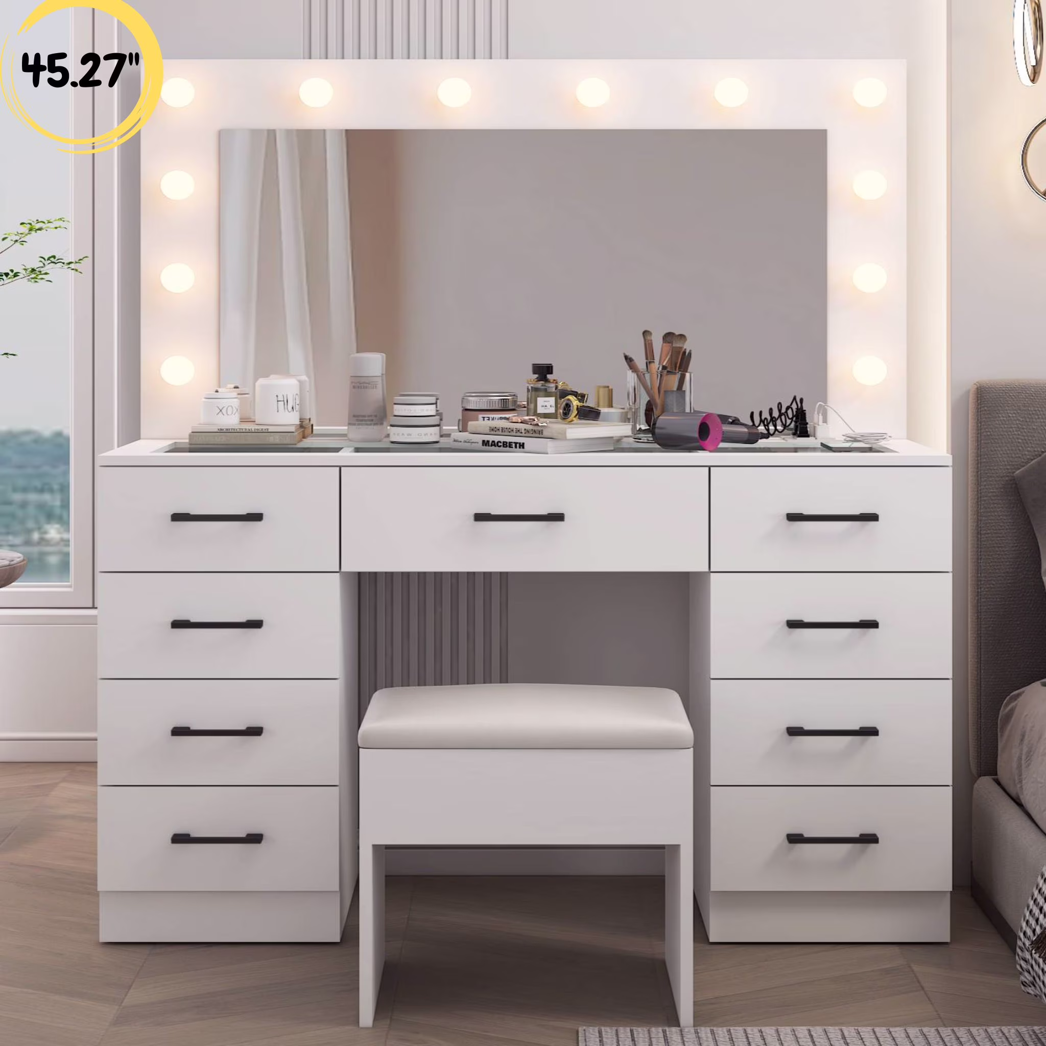Ktaxon Large Makeup Vanity, Vanity Table Set W/ Visible Glass Top W/ Charging Station, White(Pink-7 Drawer)