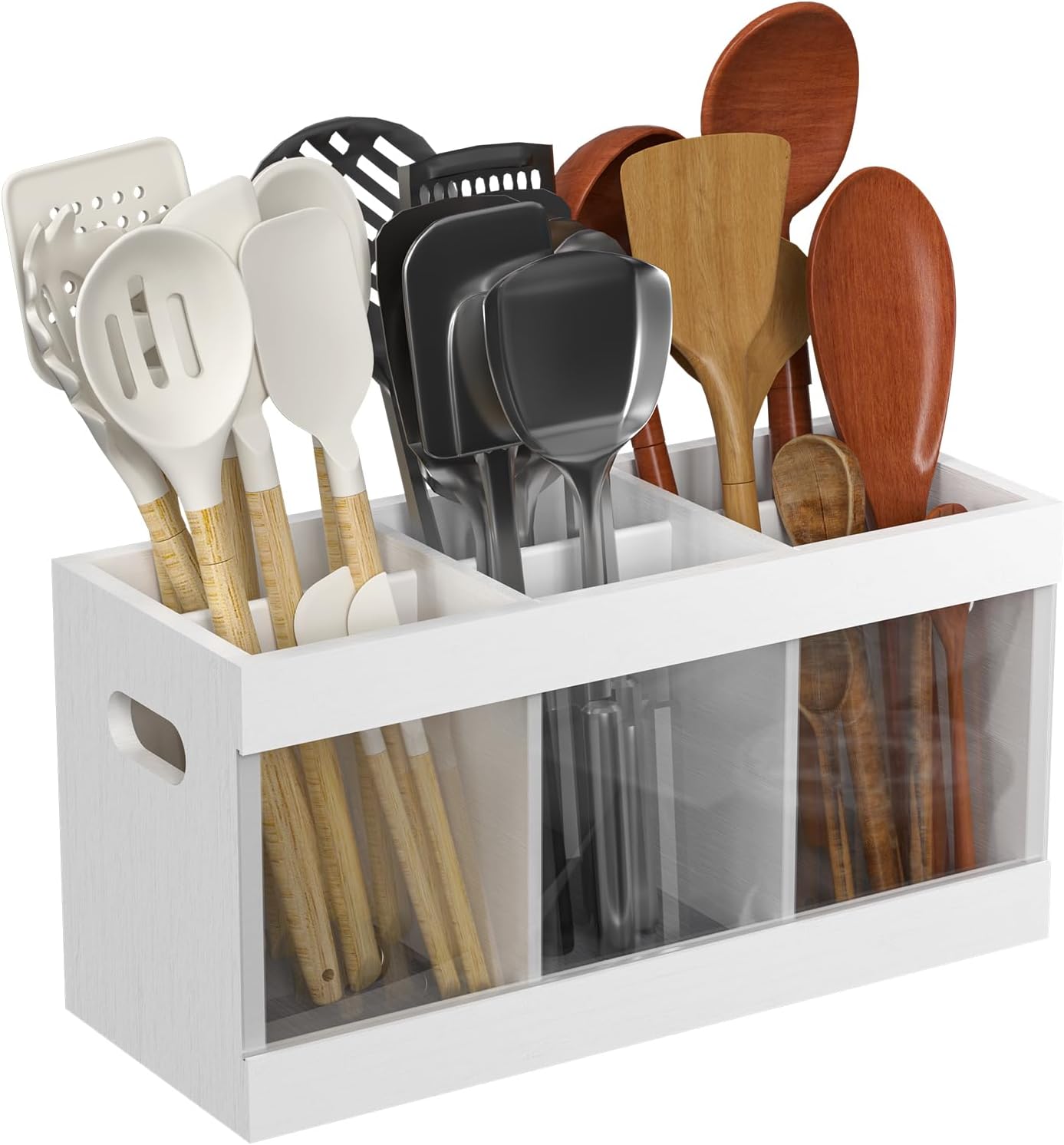 Yofidra Bamboo Utensil Holder & Silverware Organizer: Extra Large Cooking Holder with Absorbing Drying Stone and 6 Compartments Kitchen Countertop Storage Farmhouse Decor Accessories 11.8