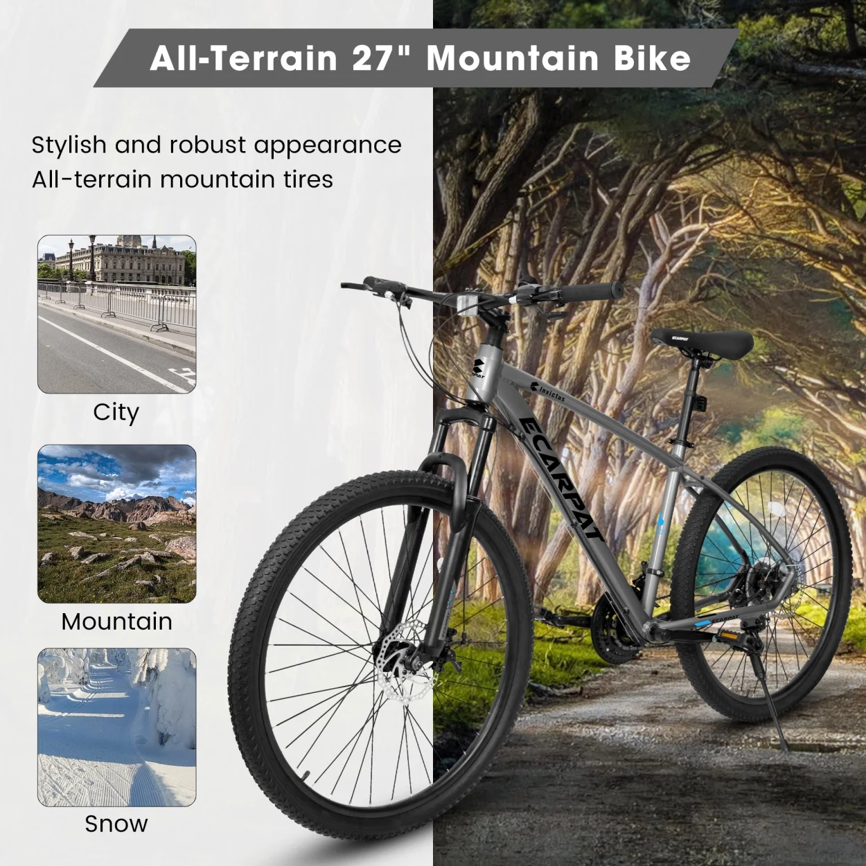 27 Inch Mountain Bike, 21 Speed Outdoor Cycling Bike with Suspension Fork, Adjustable Ergonomic Seat&Aluminum Frame Disc Brake, for Men Women Adult, Grey - Image 4