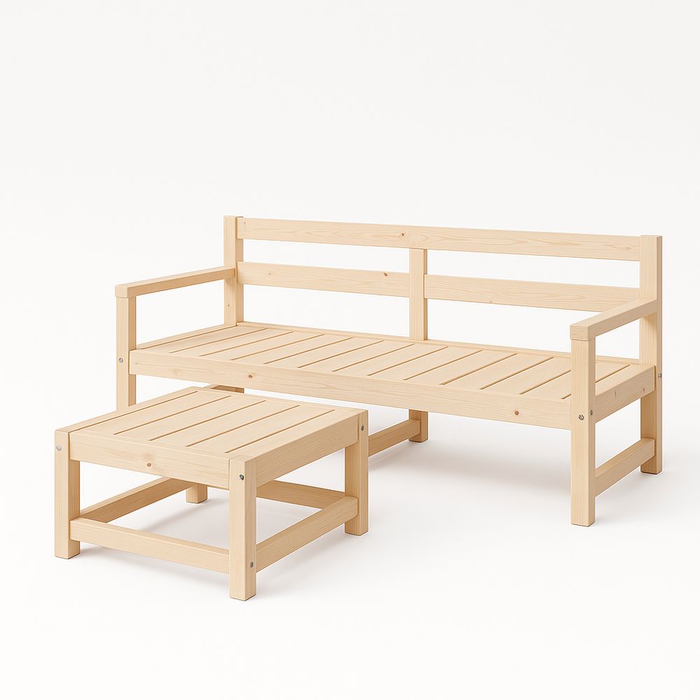 Sofá y mesa de café de madera,estilo escandinavo,funcional y moderno,color natural,para interiores y exteriores