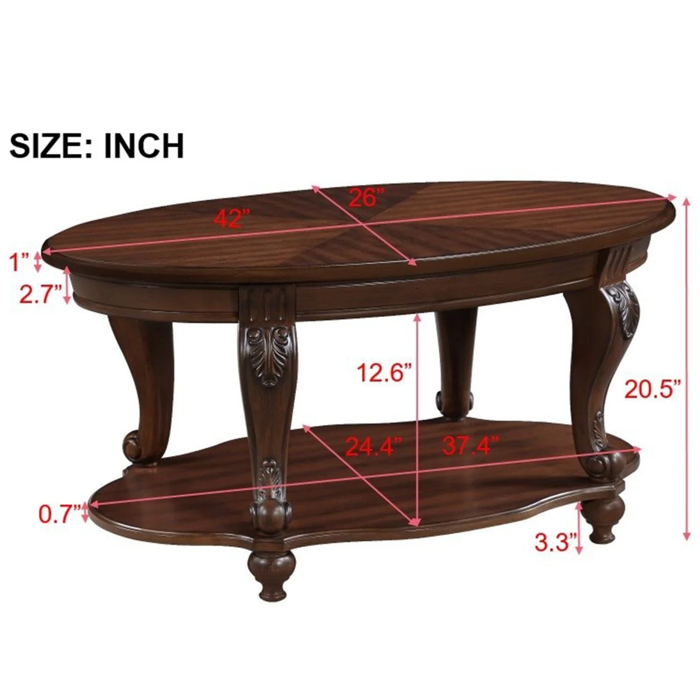 42" Oval Coffee Table with Storage Shelf, 2-Tier Solid Wood Cocktail Tea Table, Traditional Retro Center Table for Living Room, Bearing 400LBS, Cherry - Image 4