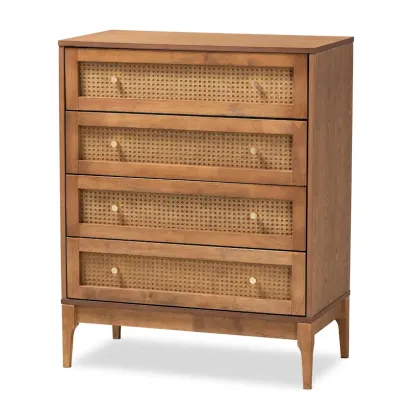 Ramiel Mid-Century Modern 4-Drawer Chest in Ash Walnut with Rattan Accents