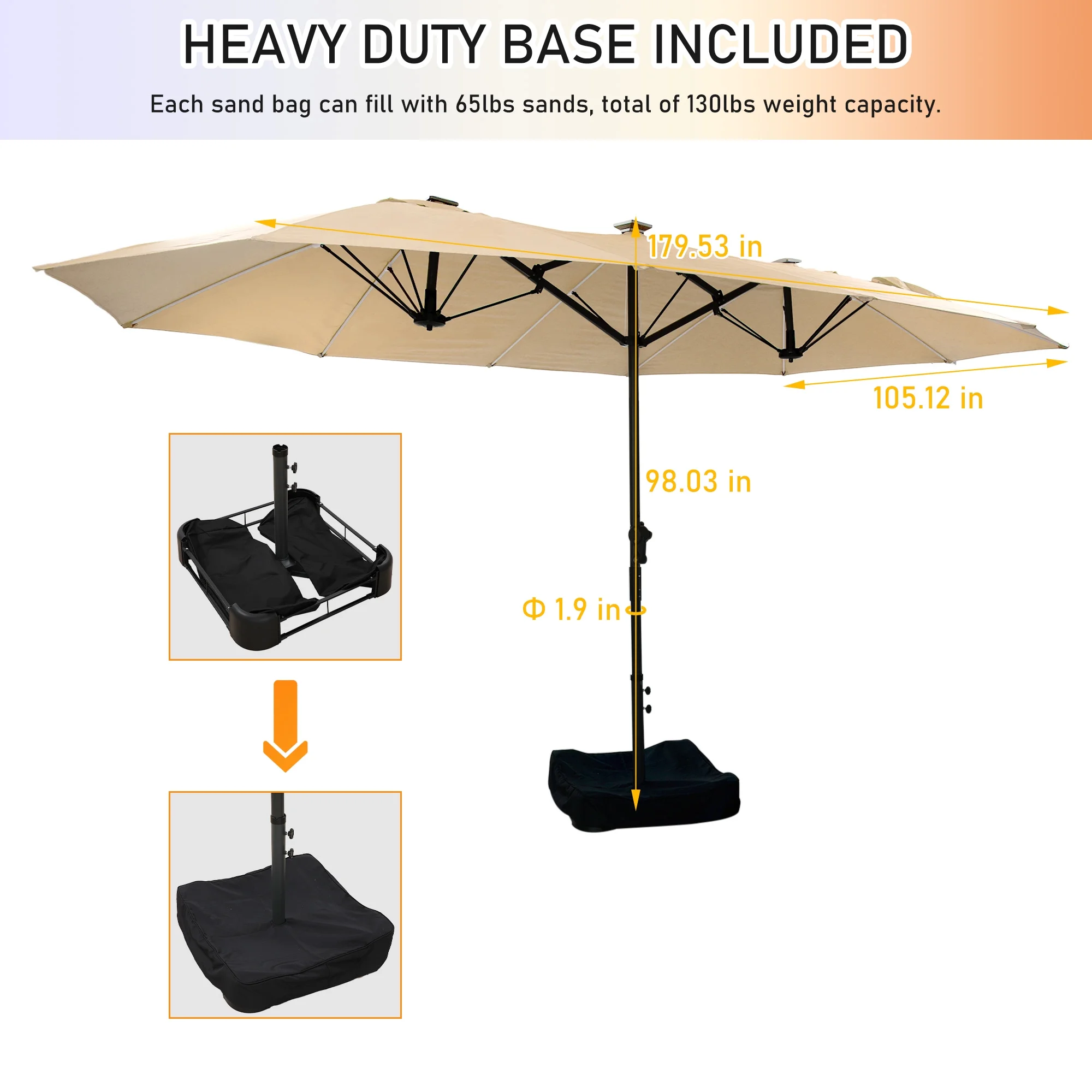 Mondawe 15ft Patio Umbrella, Large Double-Sided Solar LED Outdoor Umbrella with Fiberglass Ribs and Base for Deck Pool, Navy Blue - Image 33