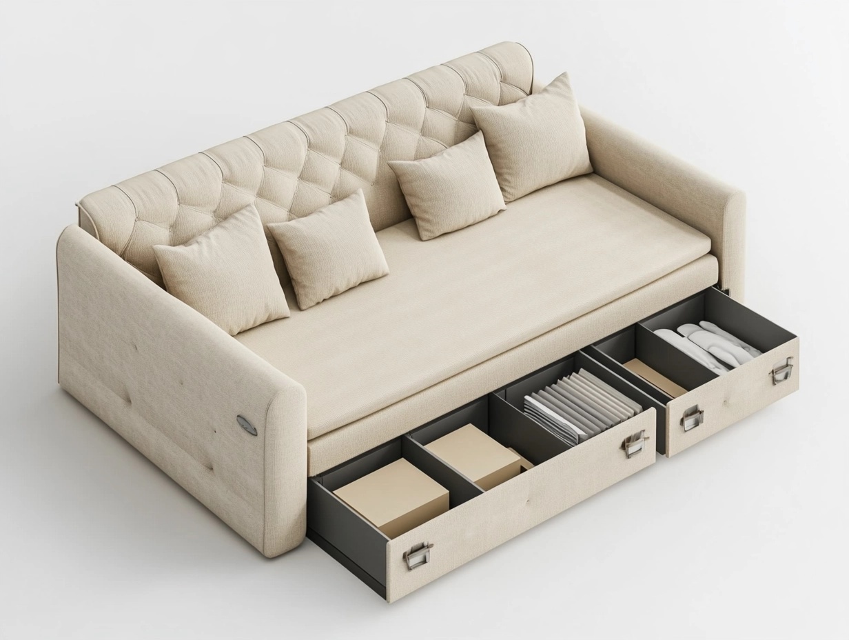 Sofá cama beige con almacenamiento de 210x90 cm para sala de estar funcional moderno tapizado en tela estructura de madera resistente