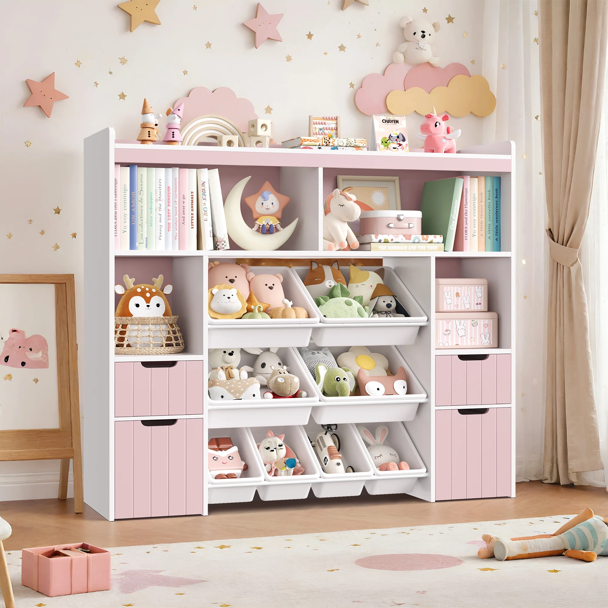 Homfa Kids Toy Storage Organizer with Cubby, Kids Toy Storage Chest with Removable Drawers, Kids Bookcase for Playroom Bedroom Living Room, Pink - Image 10