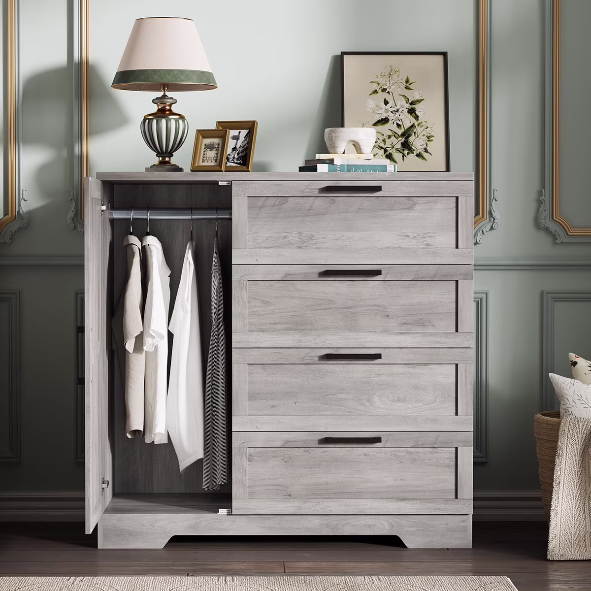 Ataucjin Wood Armoire Wardrobe Closet with 4 Drawers and Door, 43.3" H Bedroom Wardrobe Cabinet with Hanging Rod, Clothing Storage Cabinets, 4 Drawers Dresser with Storage Closet - Image 3