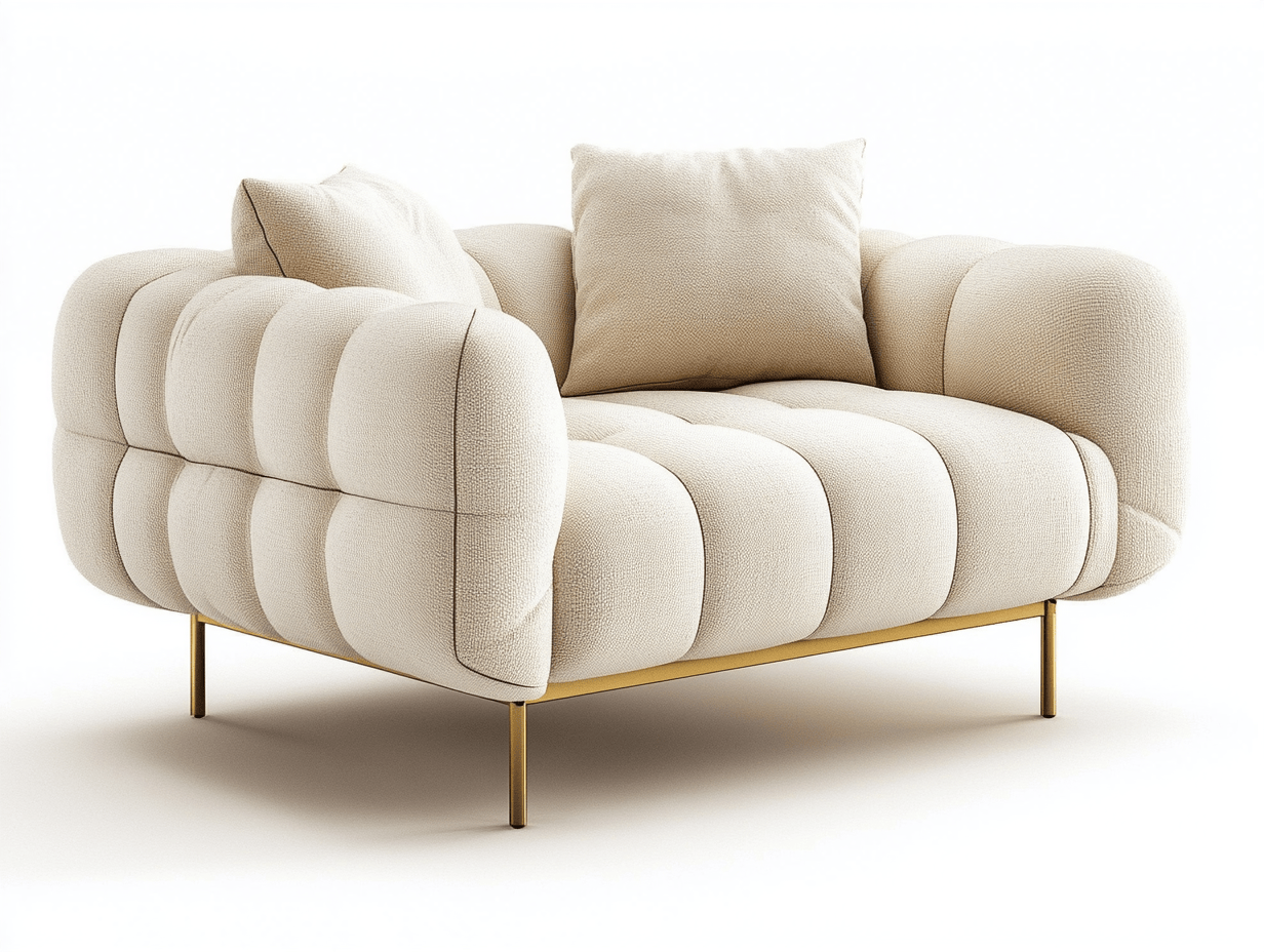 Sillón moderno acolchado con patas doradas y tapizado crema