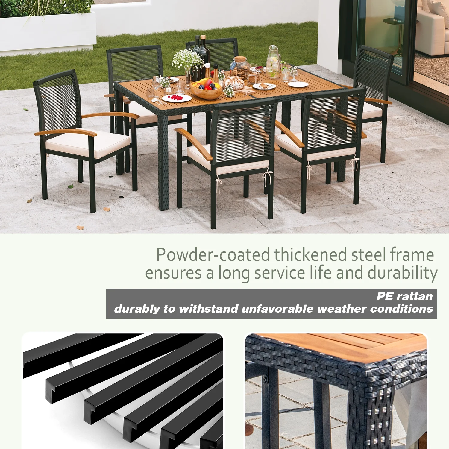 7 Pieces Outdoor Table and Chairs Outdoor Patio Furniture Set Wicker Patio Dining Sets for 6 Patio Table and Chairs Set Outdoor Furniture Set for Garden Yard Porch and Poolside - Image 4