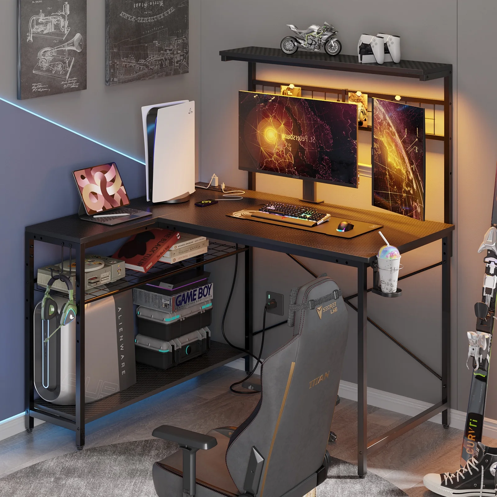 Bestier 51 L Shaped Gaming Desk with Power Outlets & LED Light, Computer Desk with 4 Tiers Shelves for Home Office, Reversible Gamer Table with Hooks and Cup Holder, Carbon Fiber - Image 6