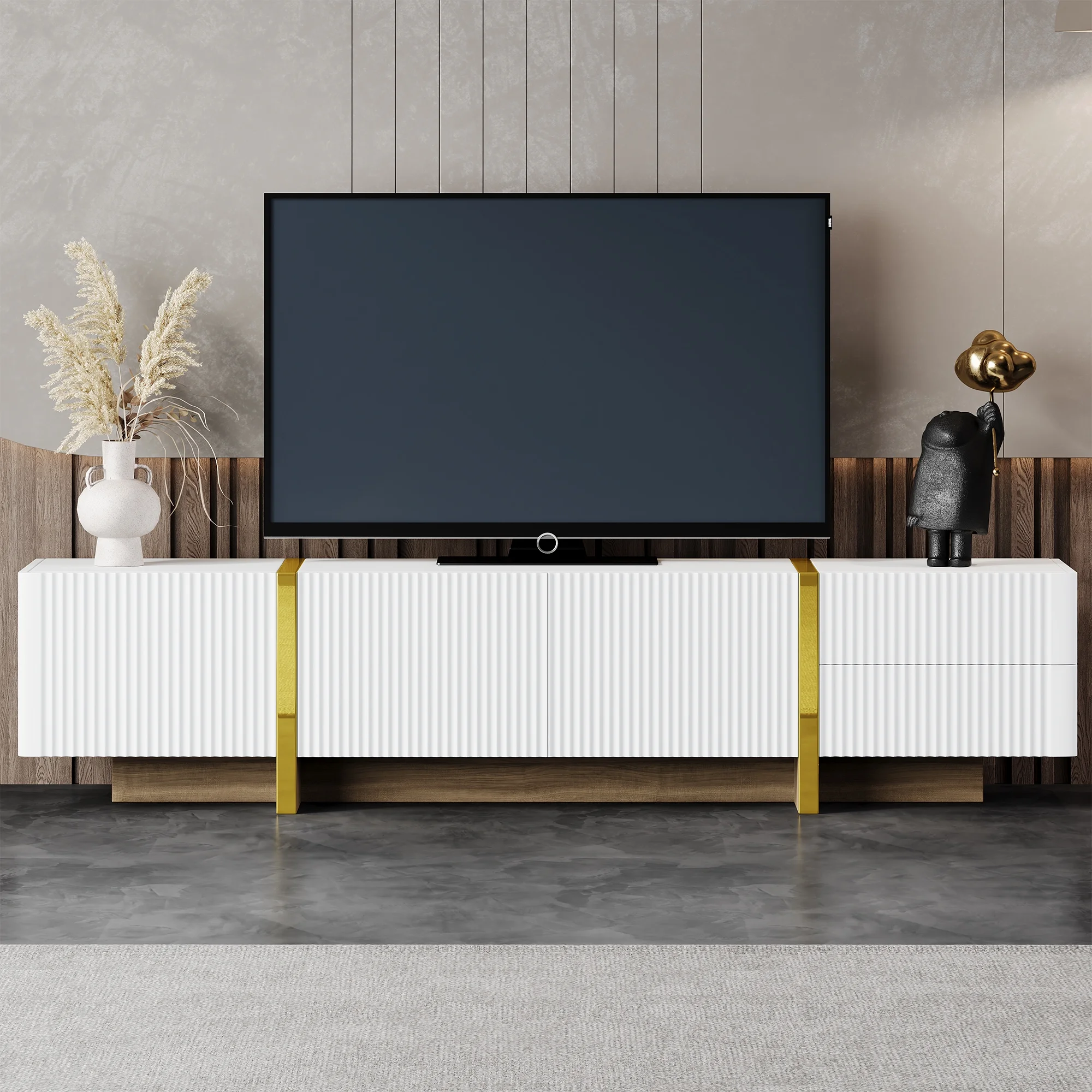Luxury Fluted TV Stand for TVs Up to 80'', Modern Entertainment Center with Storage Cabinets & Drawers, Smooth Media Console with lden Wood Grain Legs for Living Room, White - Image 10