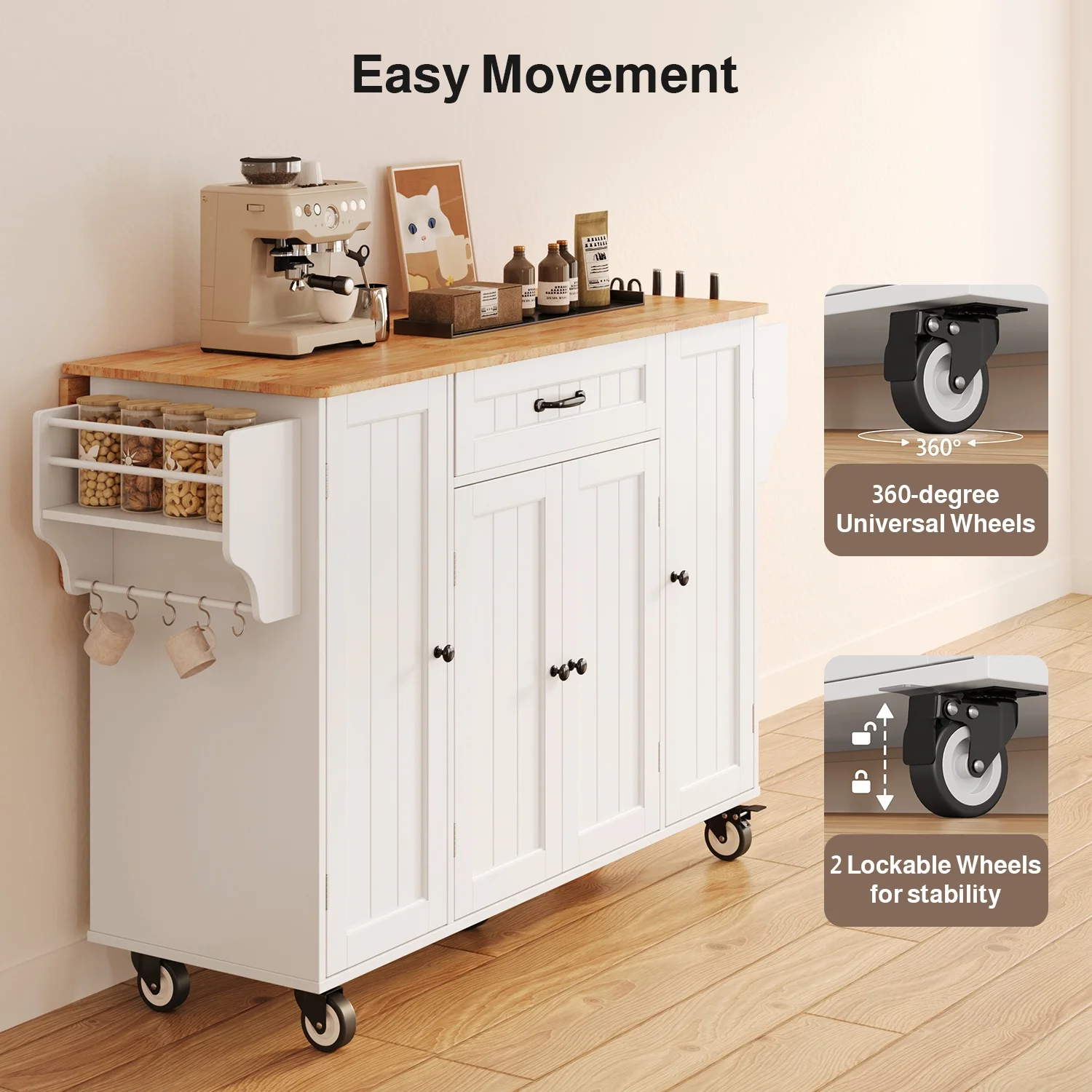 Noelse Kitchen Island with Storage, Island Table for Kitchen with Drop Leaf, Spice Rack, Towel Bar for Small Kitchens, White - Image 17