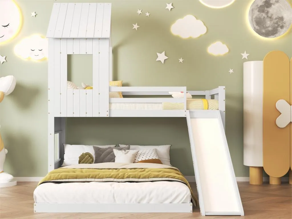 Litera para niños con tobogán y escalera - 90x200 cm 140x200 cm - fabricada en Decoesp y MDF - Blanco UPQX07461