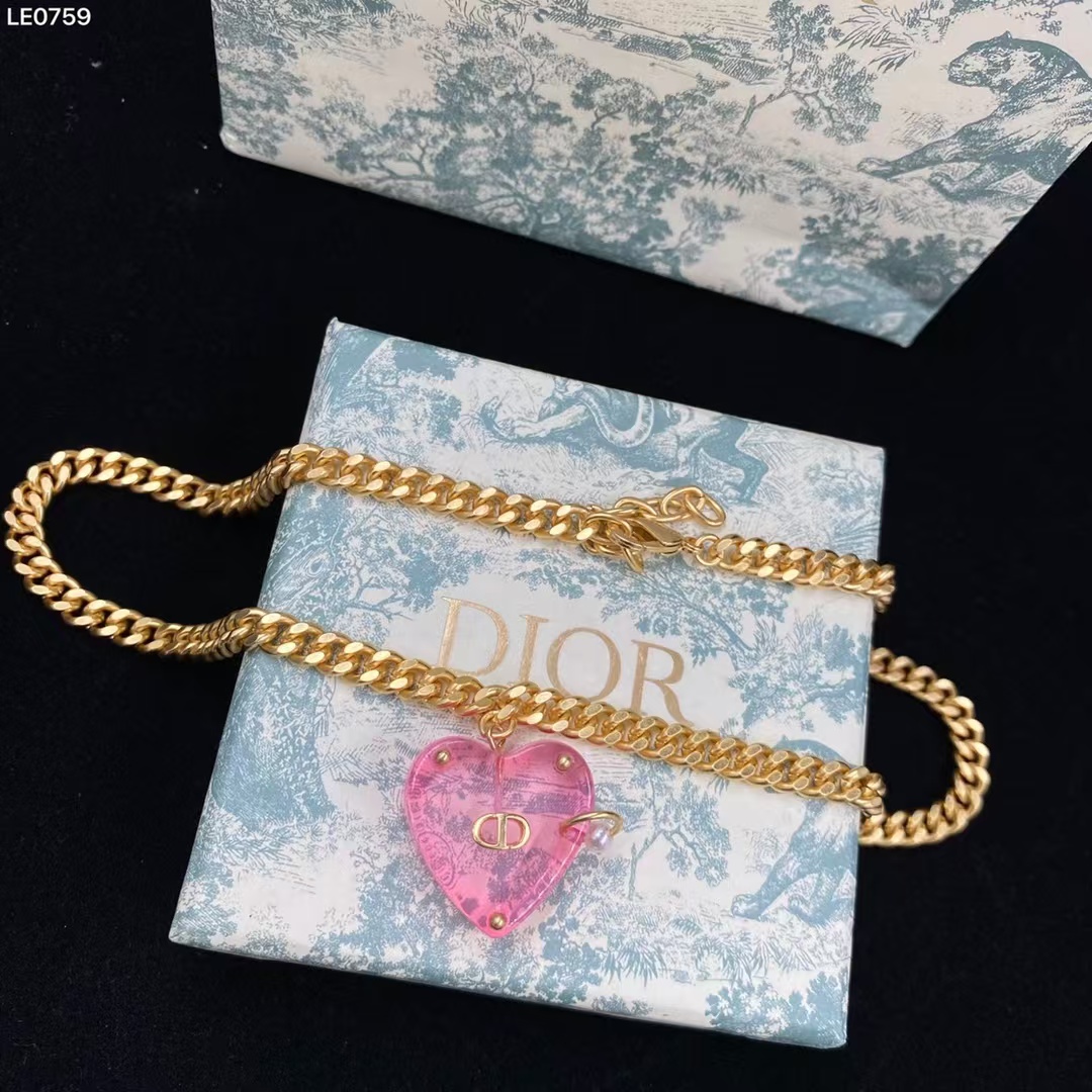 Dior Chunky Cuban Chain Big Pink Heart Pendant Necklace - Original Replica Club
