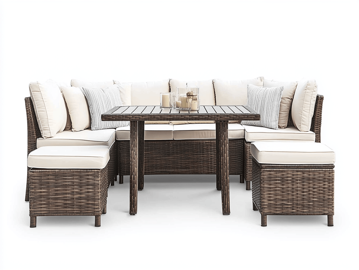 Sofá rinconera exterior ratán marrón con cojines beige y mesa rectangular a juego
