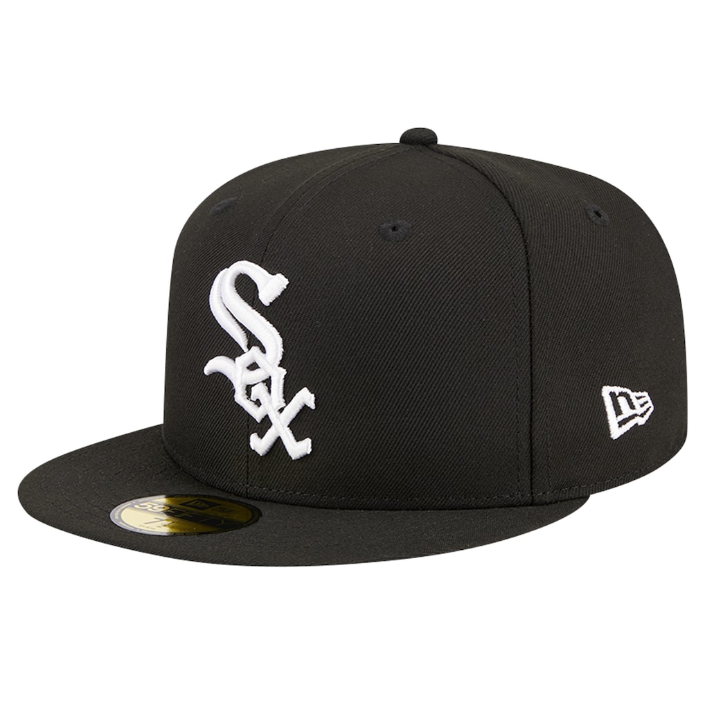 Three-quarter angled left view of the black Chicago White Sox 59FIFTY Fitted Hat highlighting the white embroidered New Era flag logo on the side.